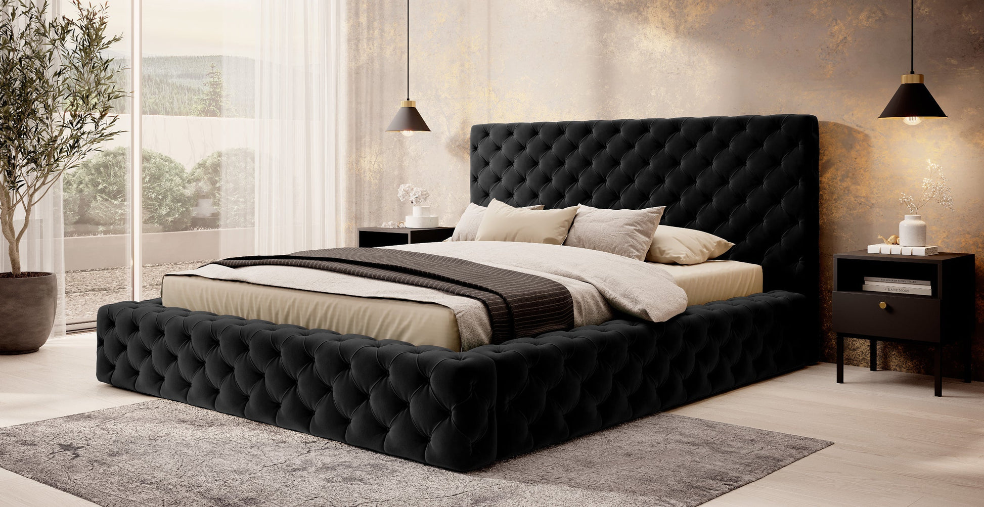 Łóżko Princce 180x200 Lukso 10 czarny w eleganckiej sypialni z jasną pościelą i złotymi dodatkami.