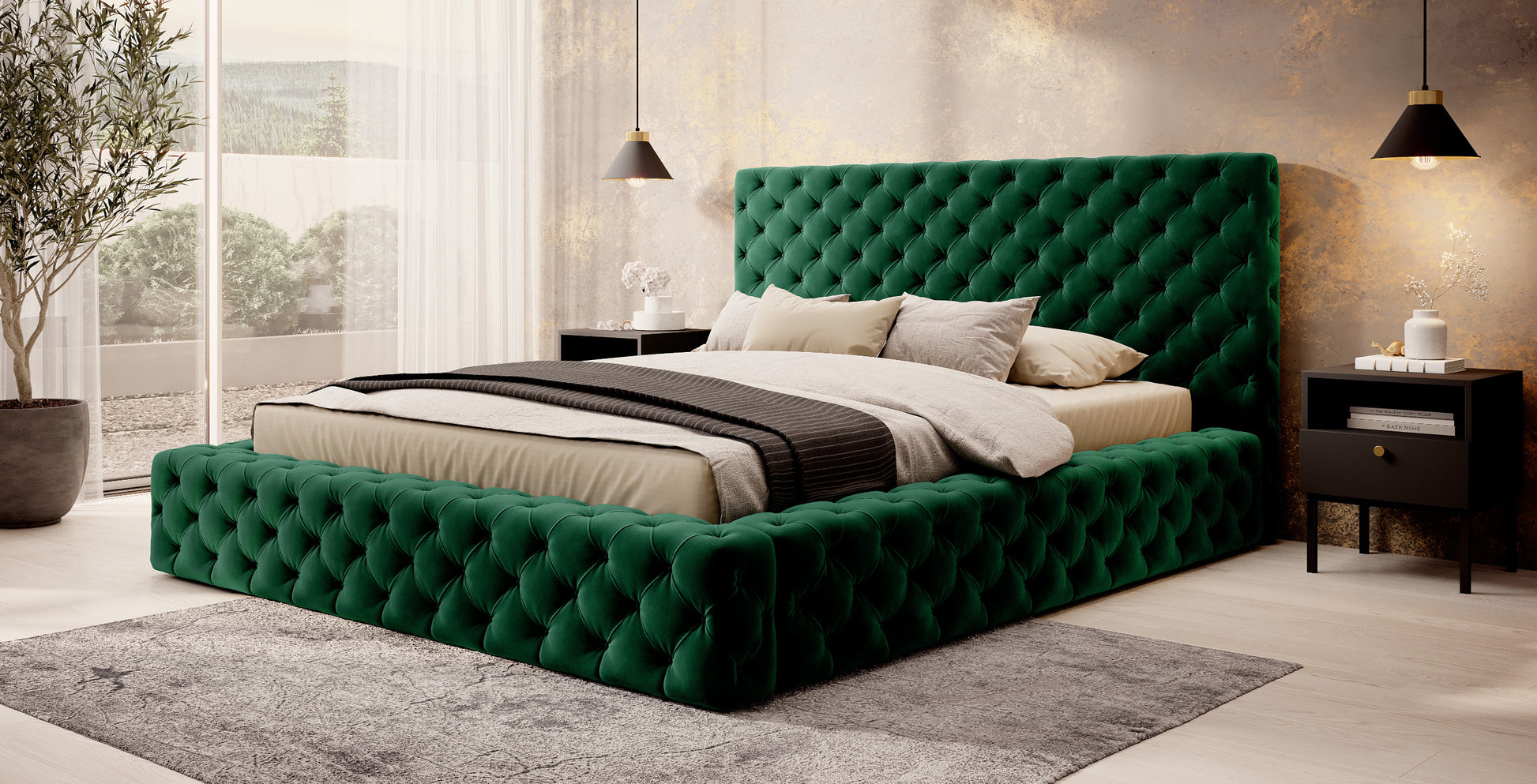 Łóżko Princce 140x200 Lukso 35 butelkowozielony w eleganckiej sypialni z jasną pościelą i złotymi dodatkami.