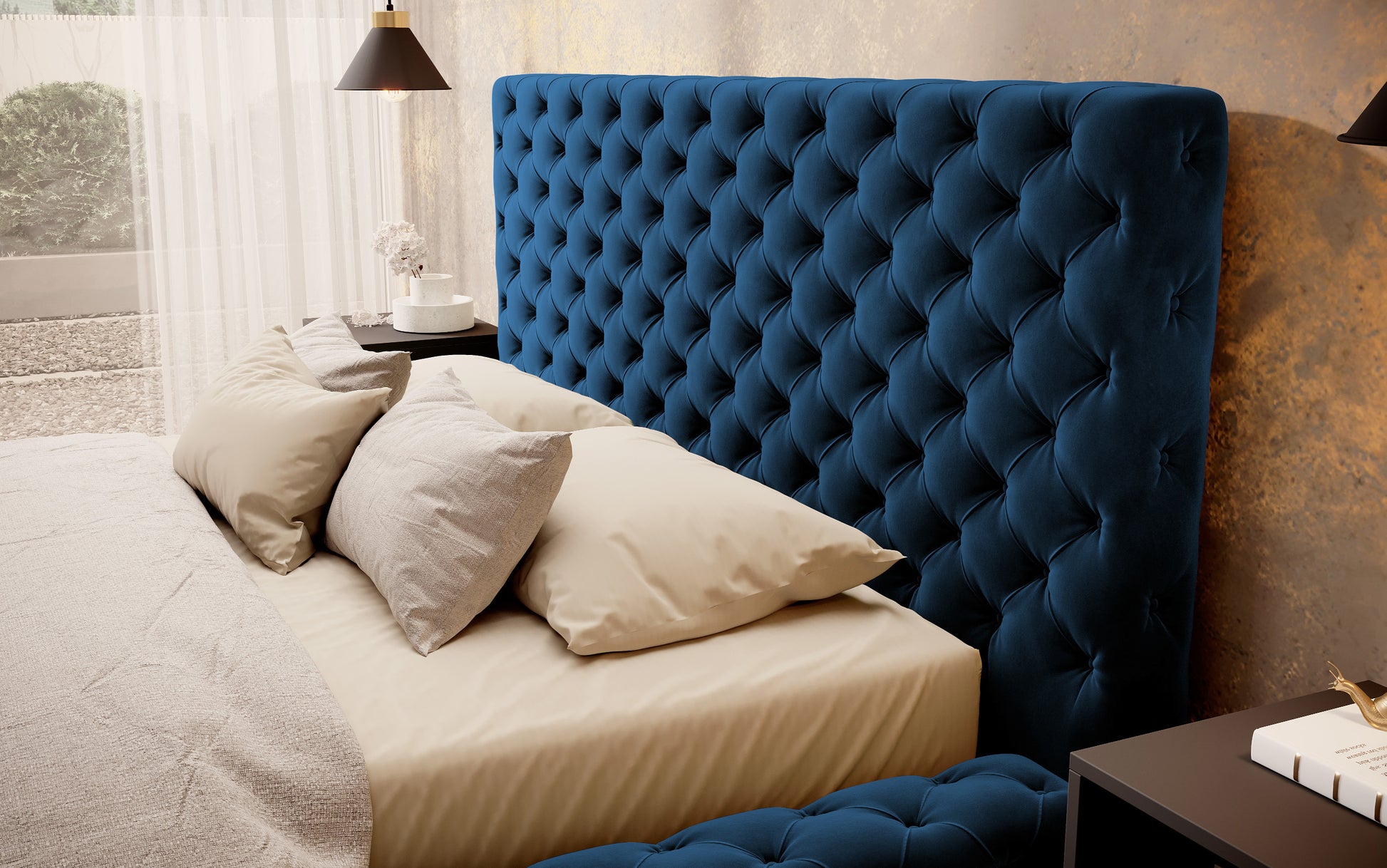 Zbliżenie na pikowane wezgłowie łóżka Princce 140x200 Lukso 40 granatowy w stylu Chesterfield.