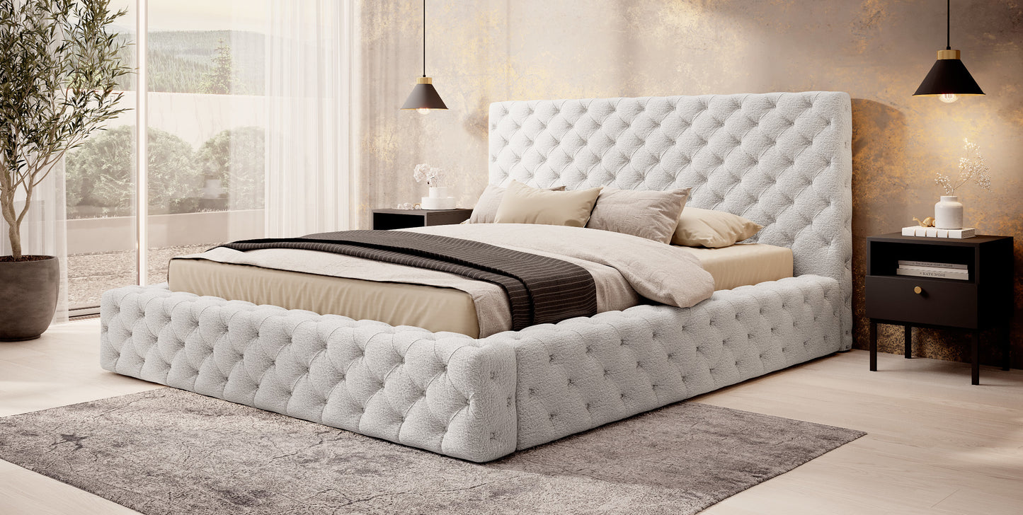 Łóżko Princce 140x200 Royal 01 biały w eleganckiej sypialni z beżową pościelą i złotymi dodatkami.