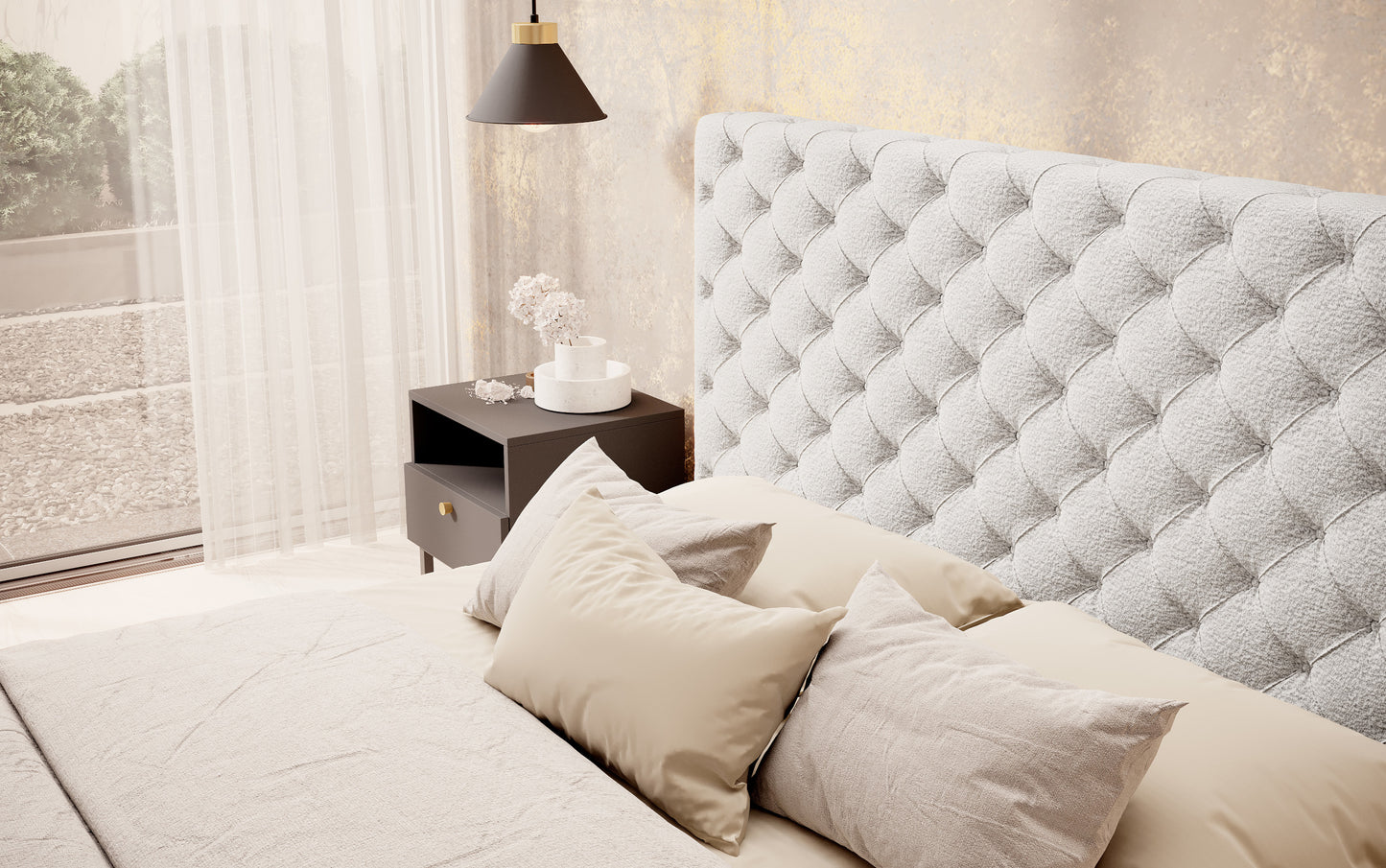 Zbliżenie na pikowane wezgłowie łóżka Princce 140x200 Royal 01 biały w stylu Chesterfield.