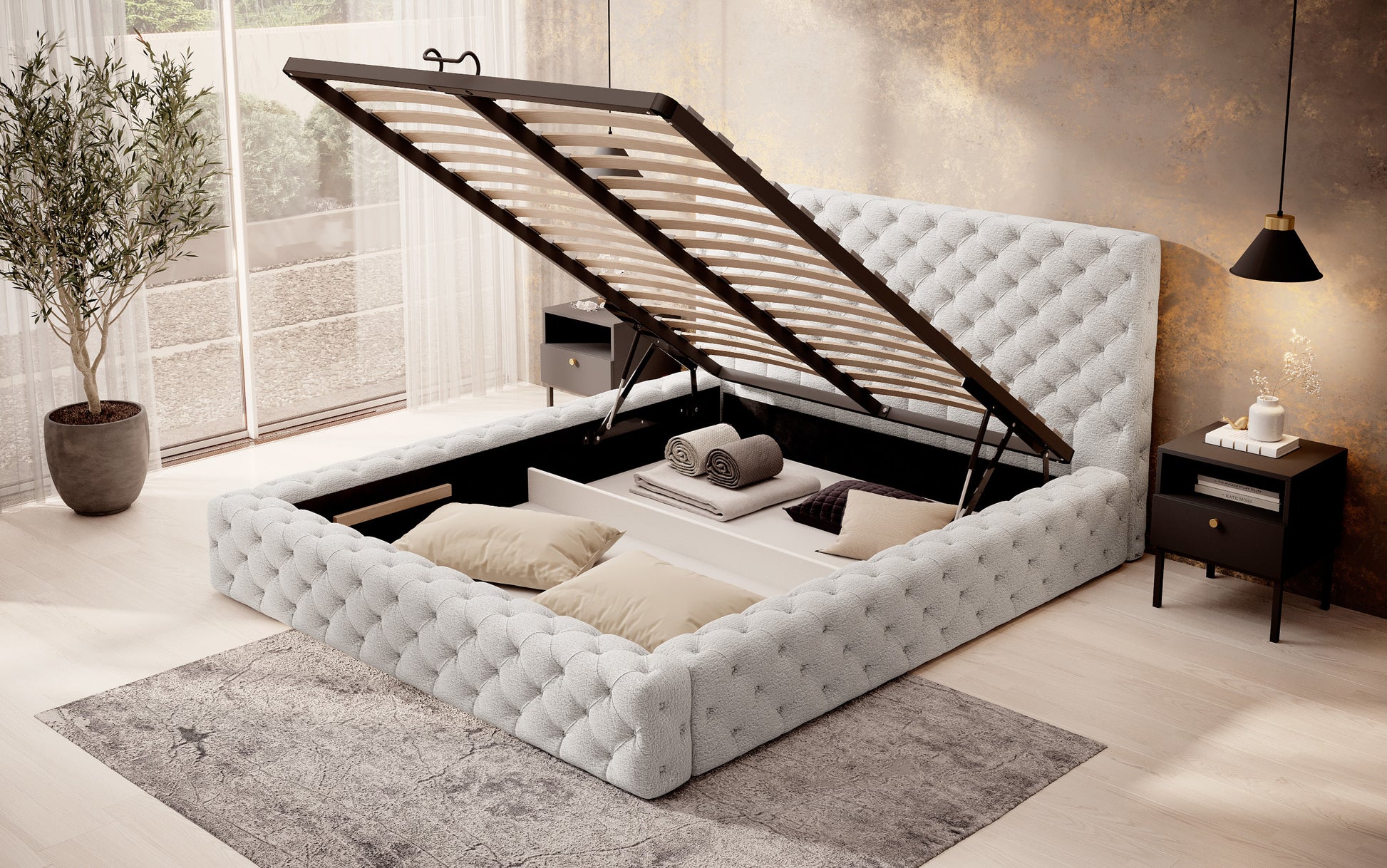 Łóżko Princce 140x200 Royal 01 biały z pojemnikiem na pościel – uniesiony stelaż i przestrzeń do przechowywania.