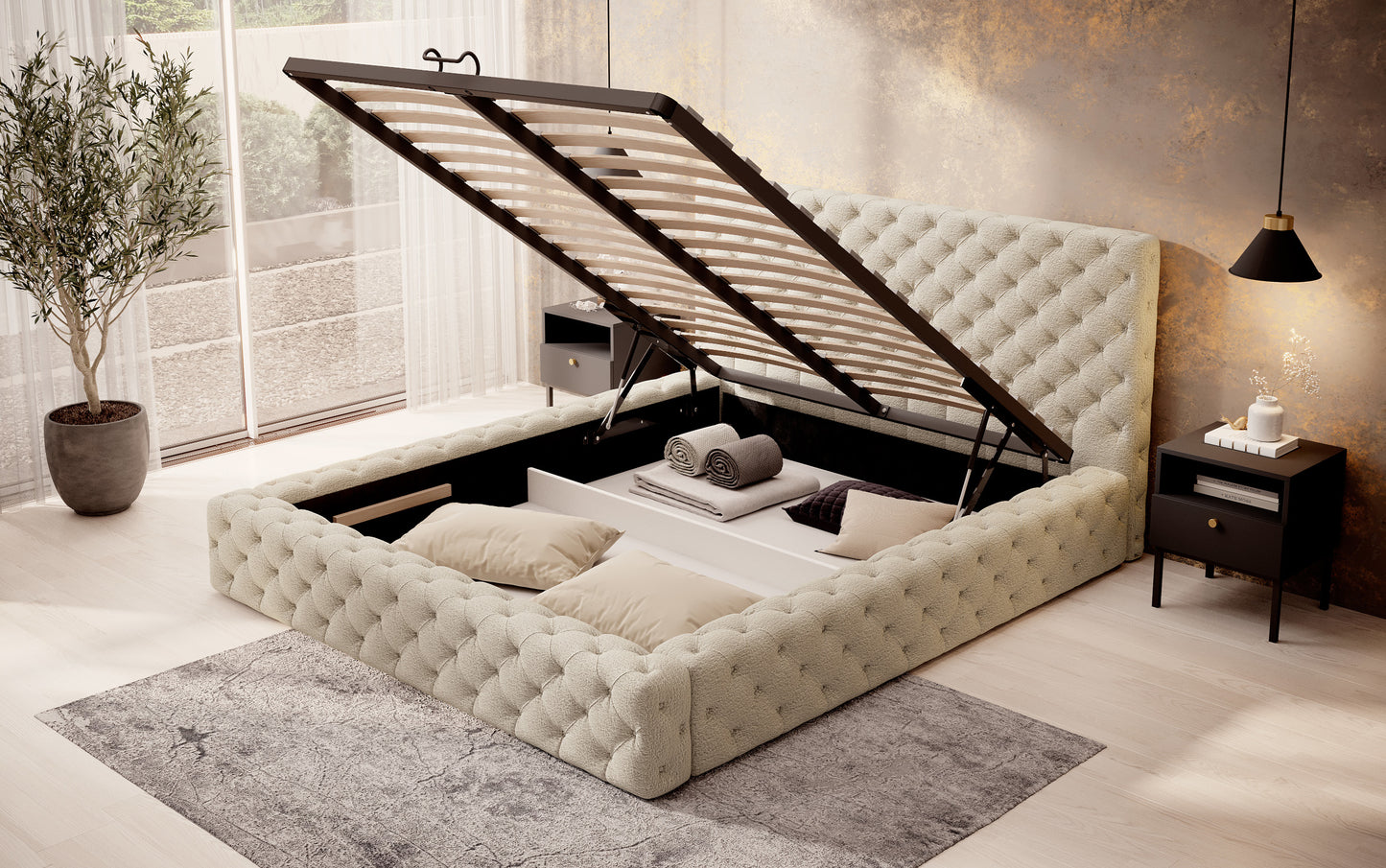 Łóżko Princce 140x200 Royal 18 kremowy z pojemnikiem na pościel – uniesiony stelaż pokazujący przestrzeń do przechowywania.