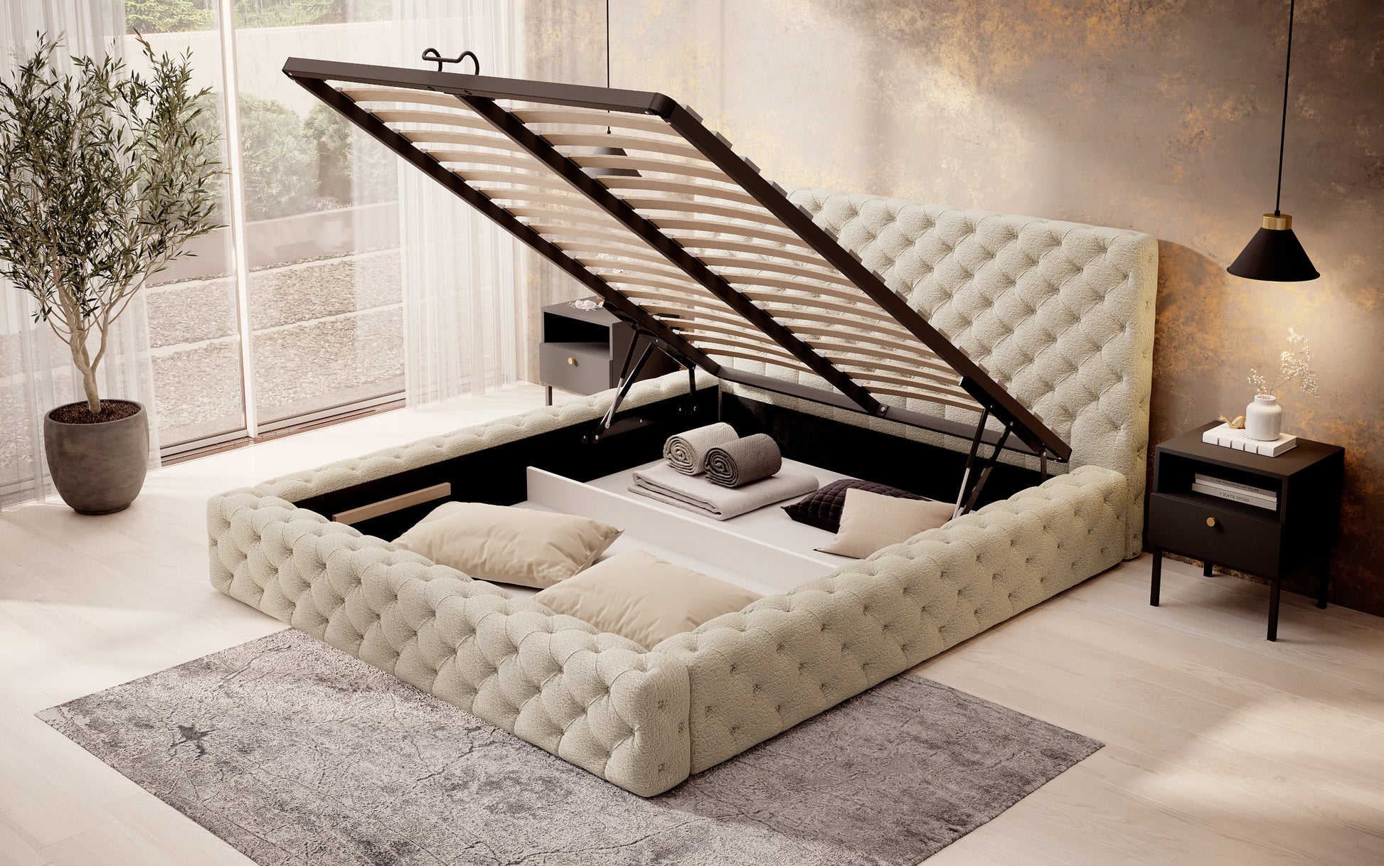 Łóżko Princce 140x200 Royal 18 kremowy z pojemnikiem na pościel – uniesiony stelaż pokazujący przestrzeń do przechowywania.