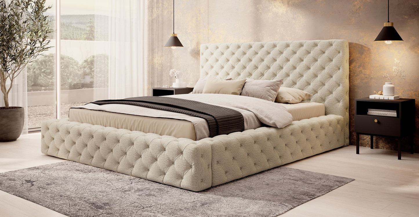 Łóżko Princce 160x200 Royal 18 kremowy w eleganckiej sypialni z beżową pościelą i czarnymi stolikami nocnymi.