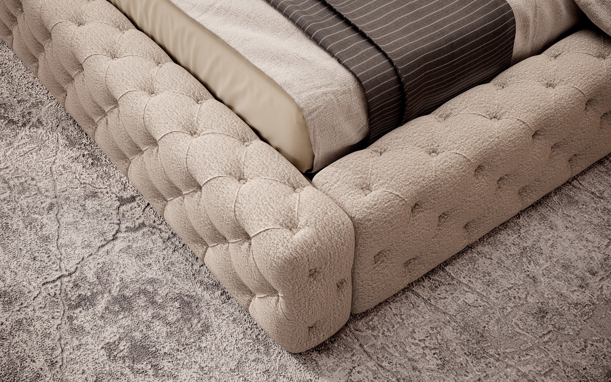 Detal narożnika łóżka Princce 140x200 Royal 20 ciemnokremowy – miękkie pikowane wykończenie tapicerki.