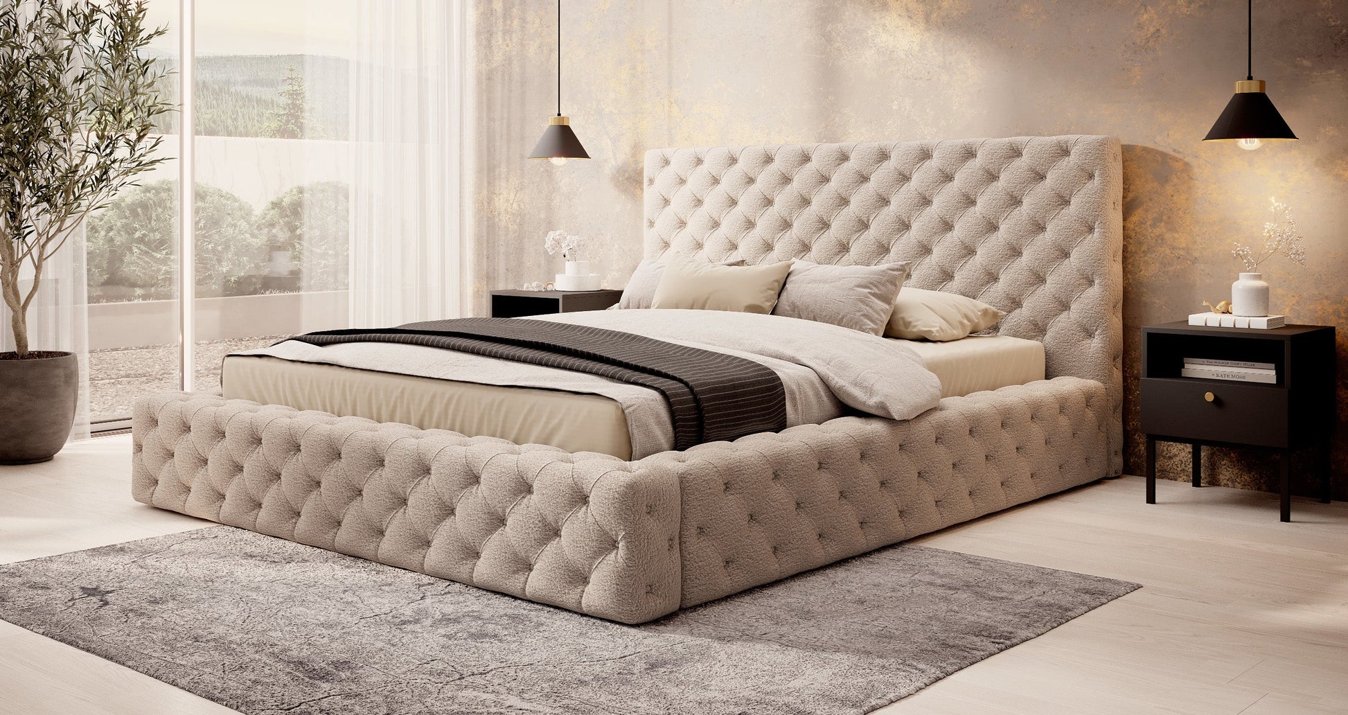 Łóżko Princce 160x200 Royal 20 ciemnokremowy w eleganckiej sypialni z beżową pościelą i czarnymi stolikami nocnymi.