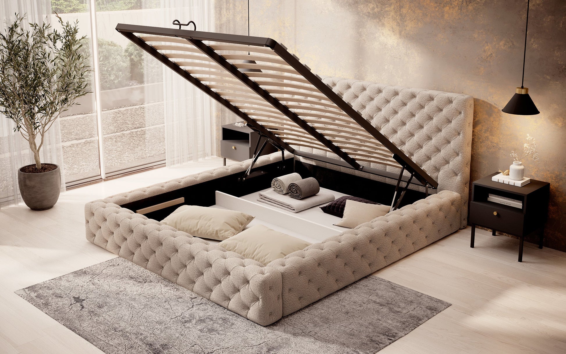 Łóżko Princce 160x200 Royal 20 ciemnokremowy z pojemnikiem na pościel – uniesiony stelaż ukazujący przestrzeń do przechowywania.