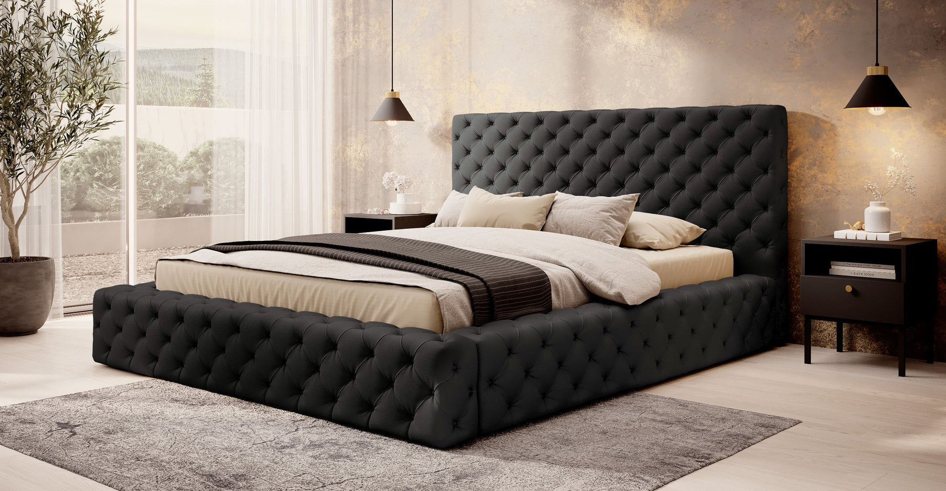 Łóżko Princce 180x200 Softis 11 czarny w eleganckiej sypialni z jasną pościelą i złotymi dodatkami.