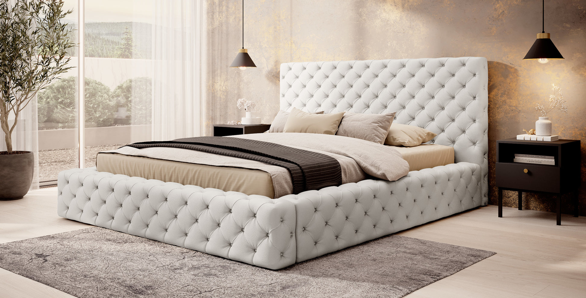 Łóżko Princce 140x200 Softis 17 biały w eleganckiej sypialni z jasną pościelą i złotymi dodatkami.