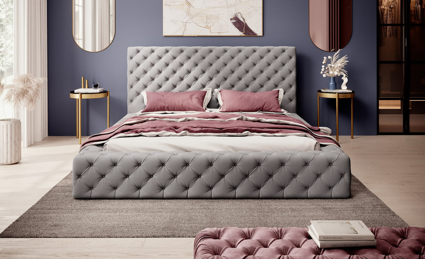 Łóżko tapicerowane Princce 140x200 Softis 29 szary w aranżacji z granatową ścianą i różowymi dodatkami.