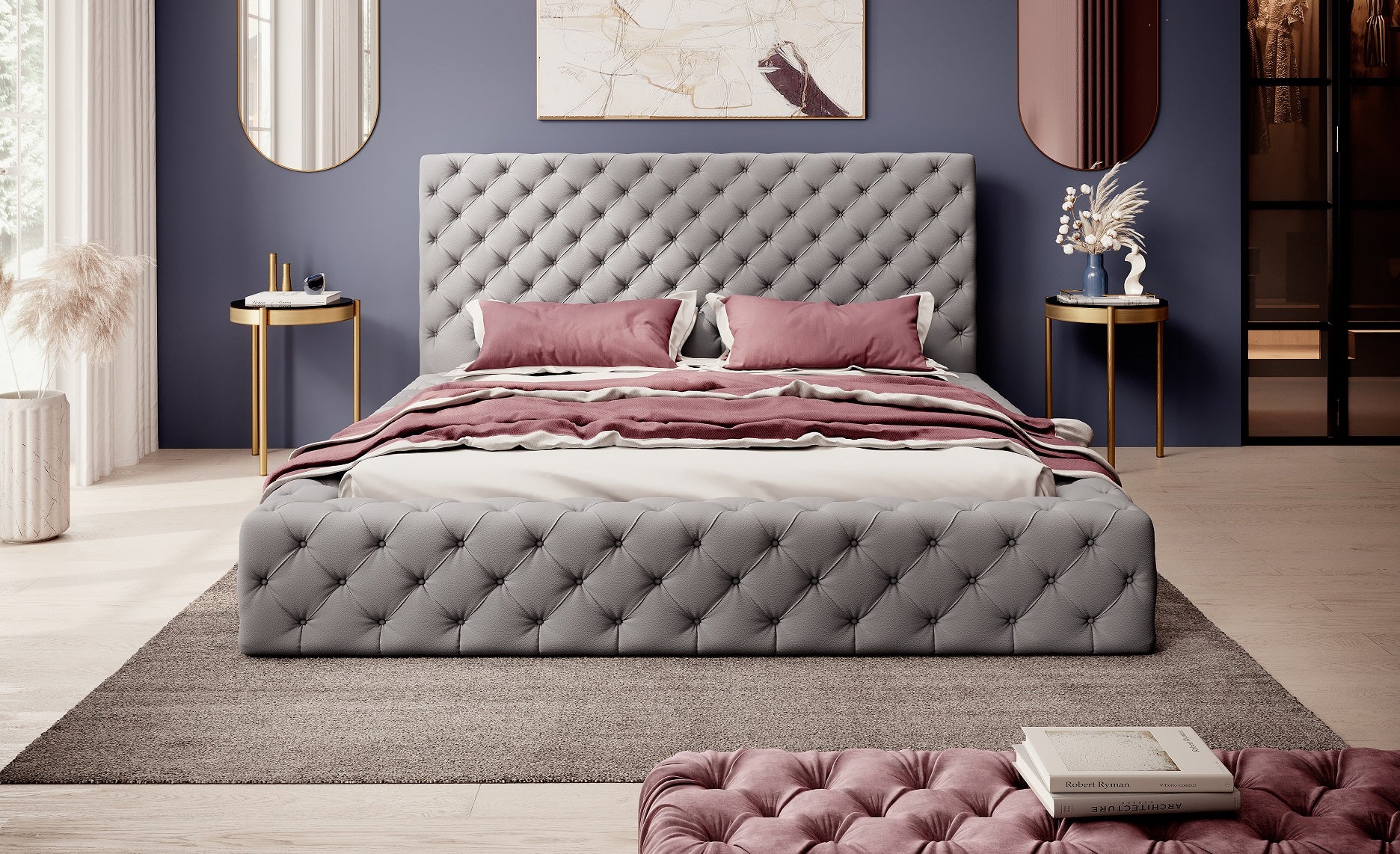 Łóżko tapicerowane Princce 140x200 Softis 29 szary w aranżacji z granatową ścianą i różowymi dodatkami.