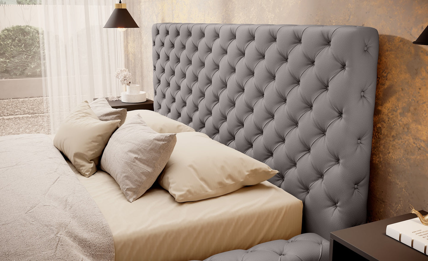 Zbliżenie na wezgłowie łóżka Princce 140x200 Softis 29 szary z pikowanym wzorem Chesterfield.