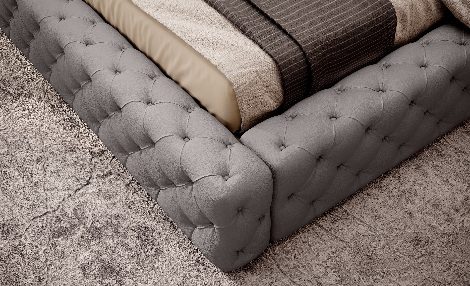 Detal narożnika ramy łóżka Princce 140x200 Softis 29 szary – miękkie pikowane obicie.