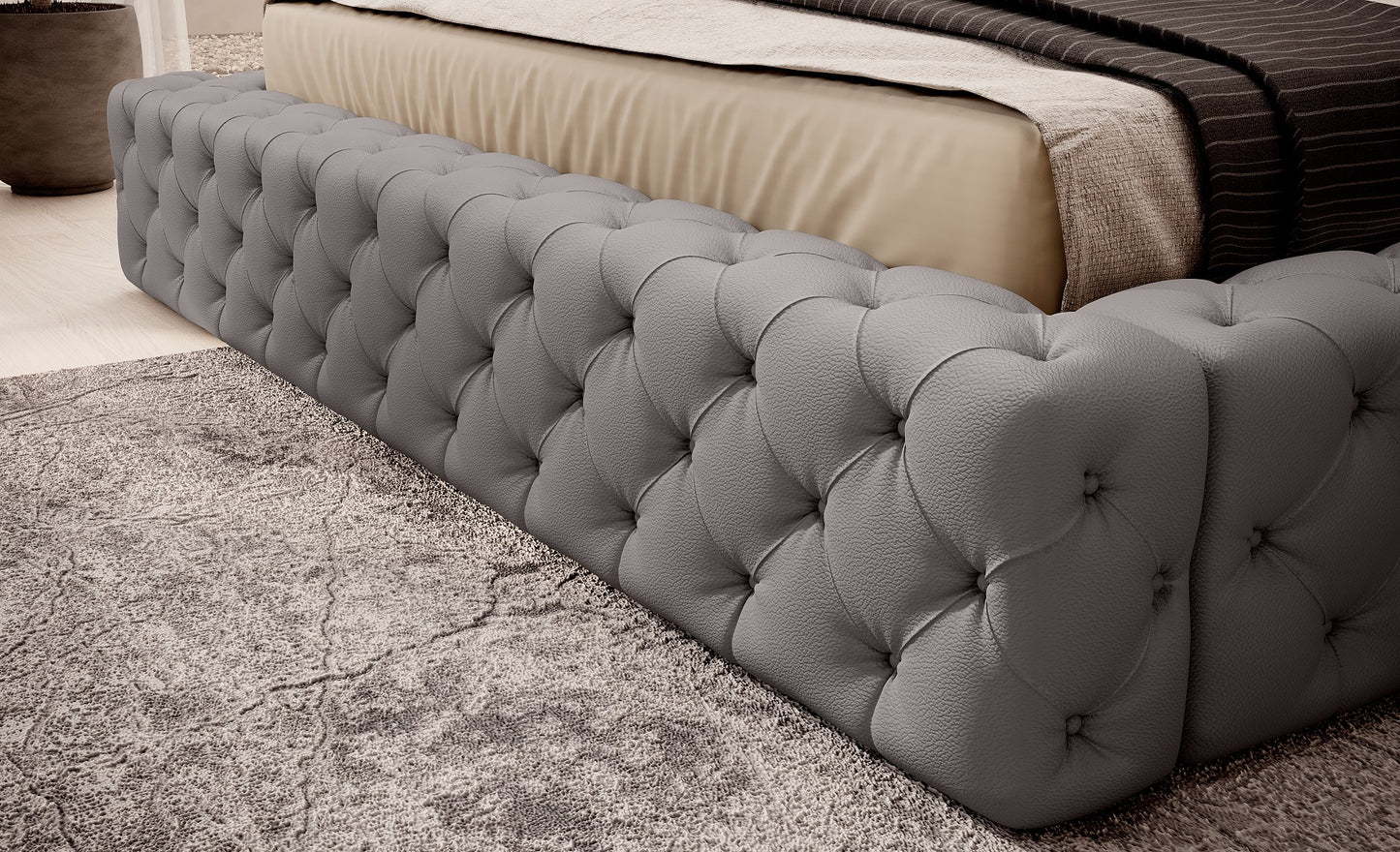 Dolna część łóżka Princce 140x200 Softis 29 szary – eleganckie pikowanie i beżowa narzuta.