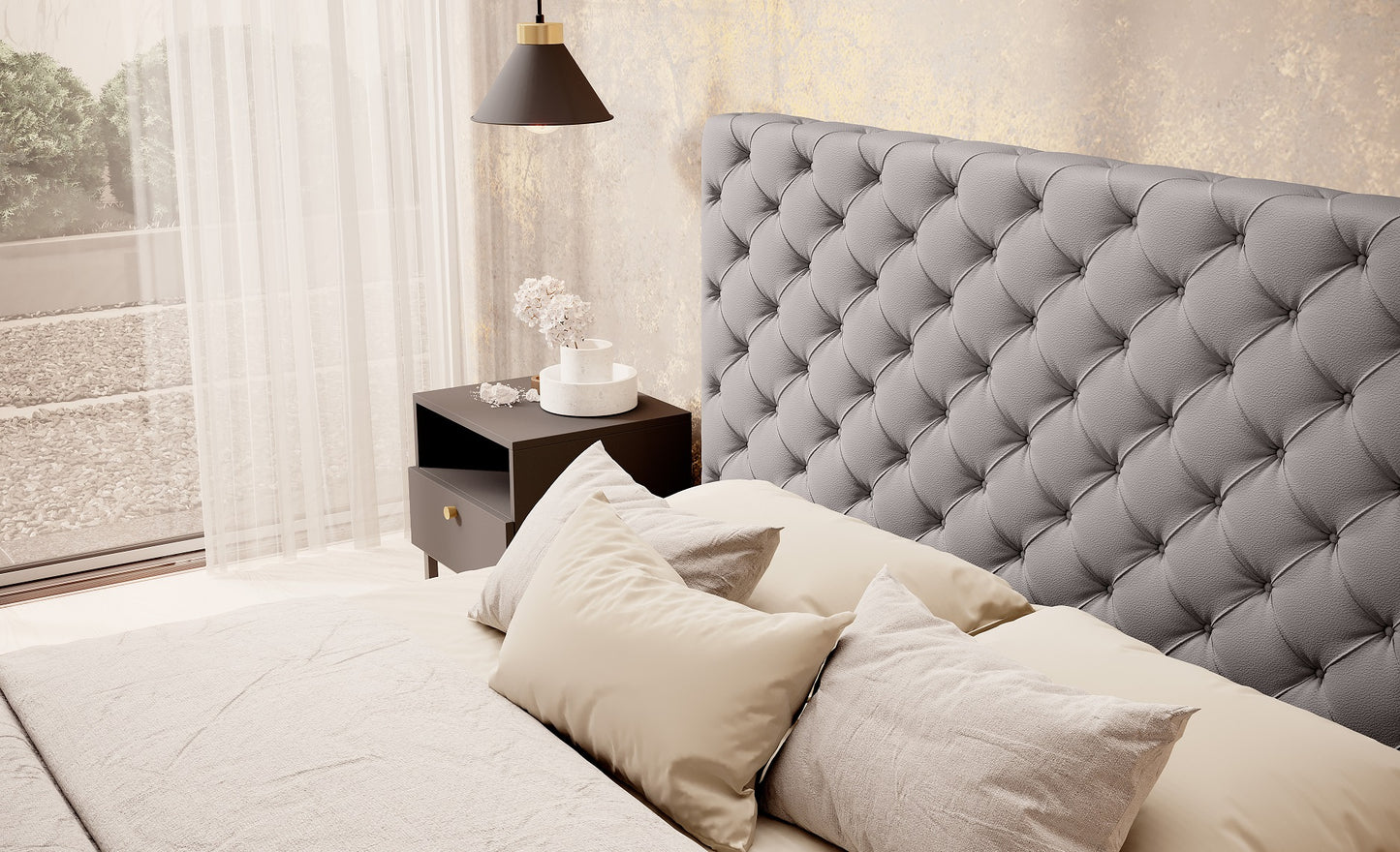 Łóżko Princce 160x200 Softis 29 szary w jasnej sypialni z czarnym stolikiem nocnym i beżową pościelą.