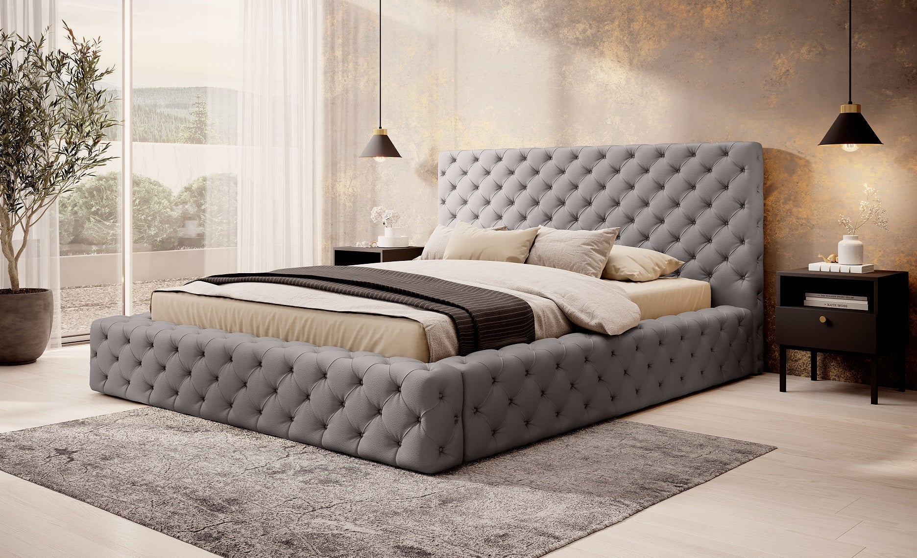 Łóżko Princce 180x200 Softis 29 szary w eleganckiej sypialni z beżową pościelą i złotymi lampami.