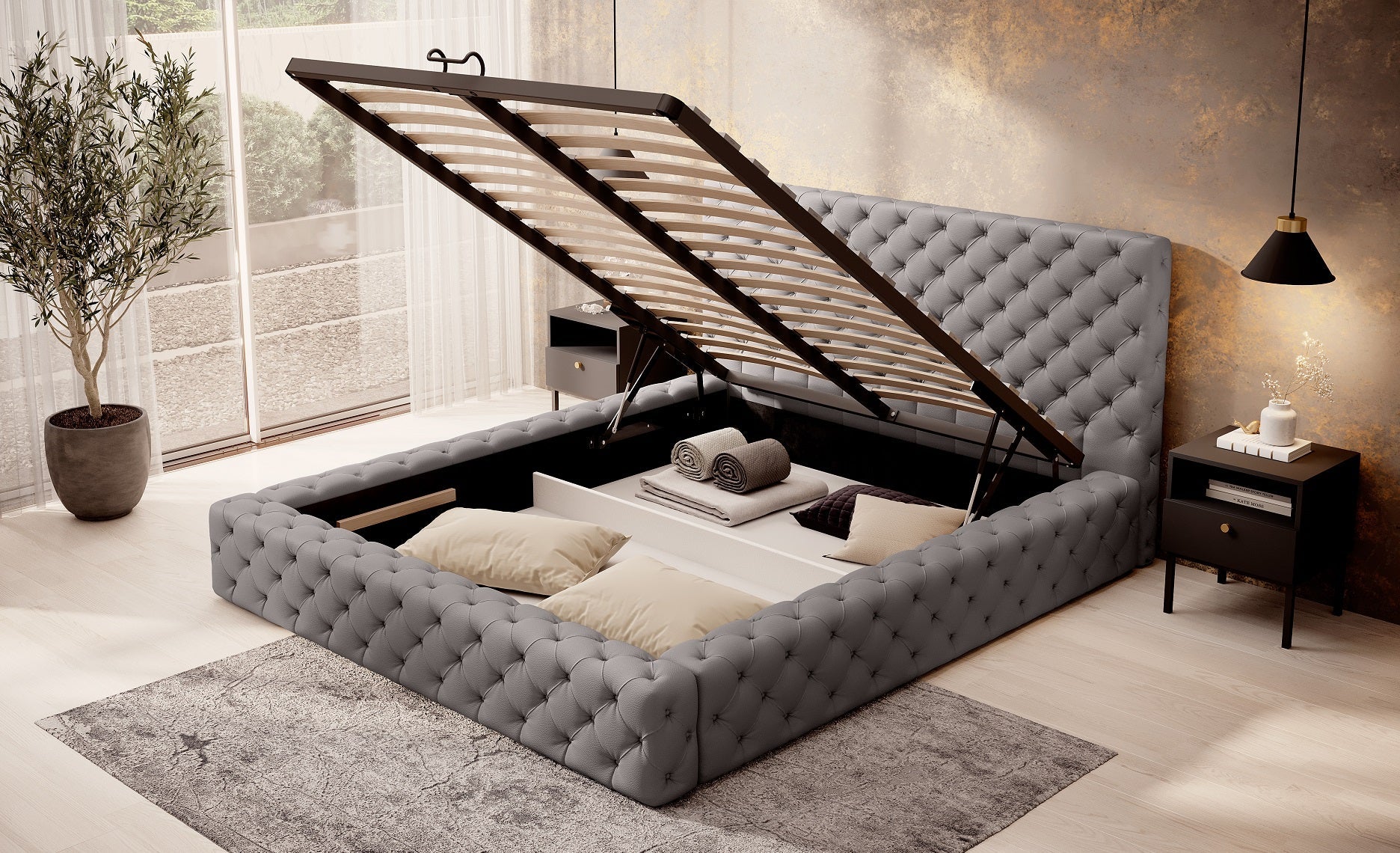 Łóżko Princce 180x200 Softis 29 szary z pojemnikiem na pościel – uniesiony stelaż pokazujący przestrzeń do przechowywania.