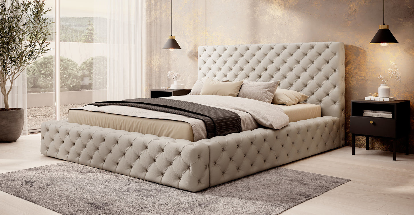 Łóżko Princce 140x200 Softis 33 beżowy w eleganckiej sypialni z jasną pościelą i złotymi dodatkami.