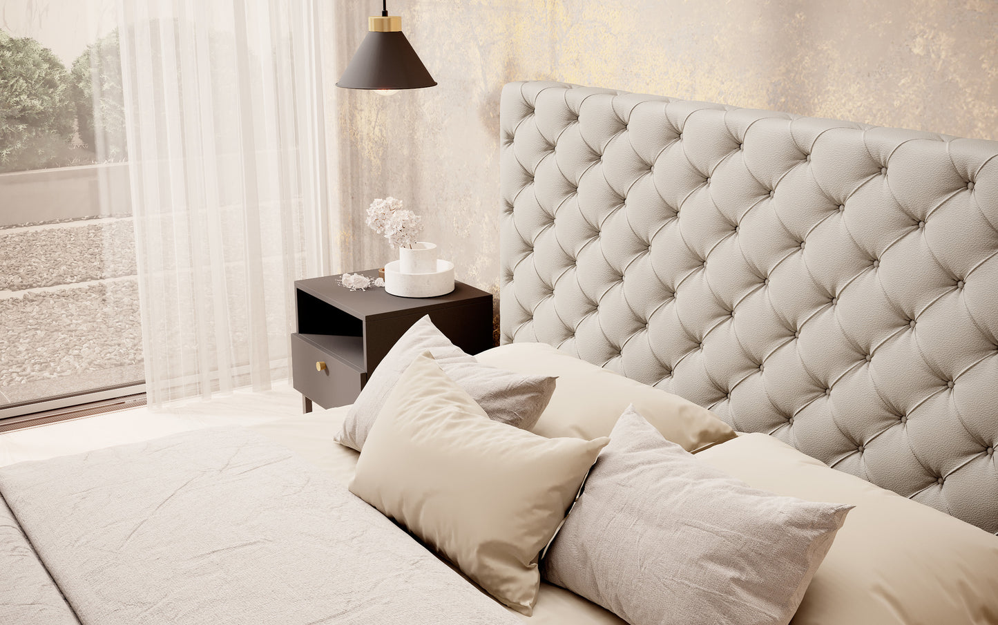 Zbliżenie na pikowane wezgłowie łóżka Princce 140x200 Softis 33 beżowy w stylu Chesterfield.