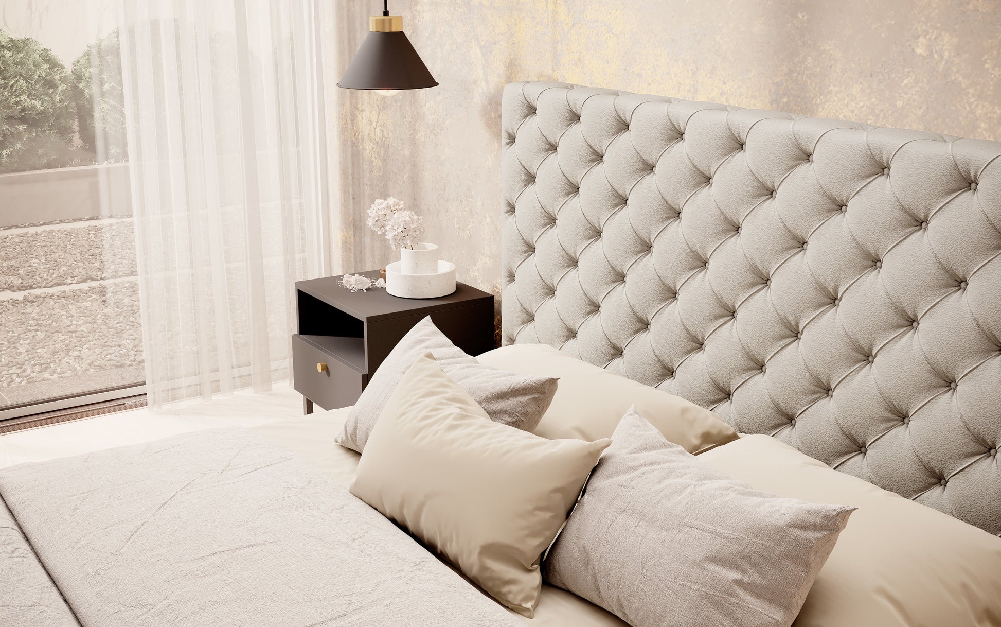 Zbliżenie na pikowane wezgłowie łóżka Princce 140x200 Softis 33 beżowy w stylu Chesterfield.