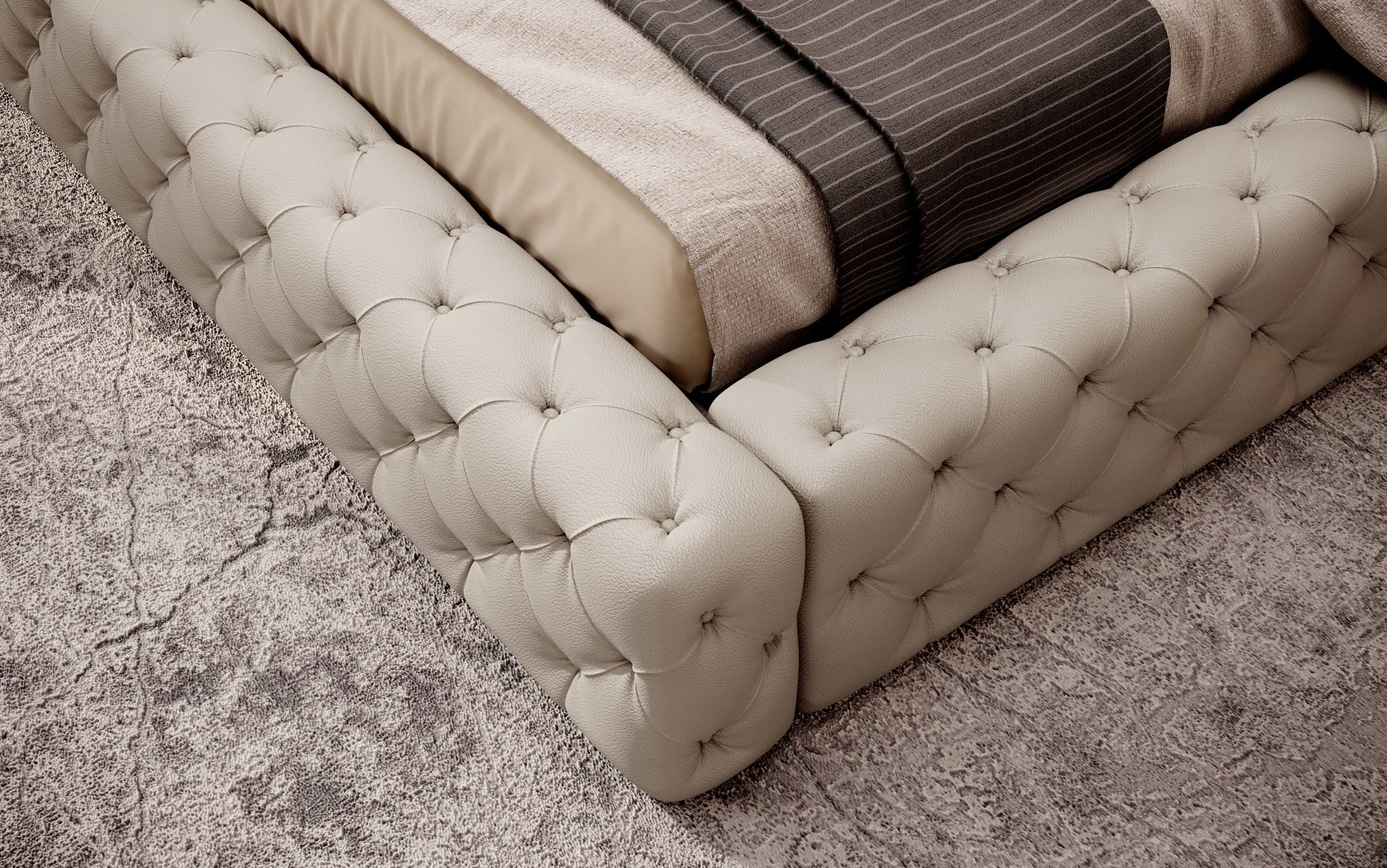 Dolna część łóżka Princce 140x200 Softis 33 beżowy z pikowanym obiciem i jasną narzutą.