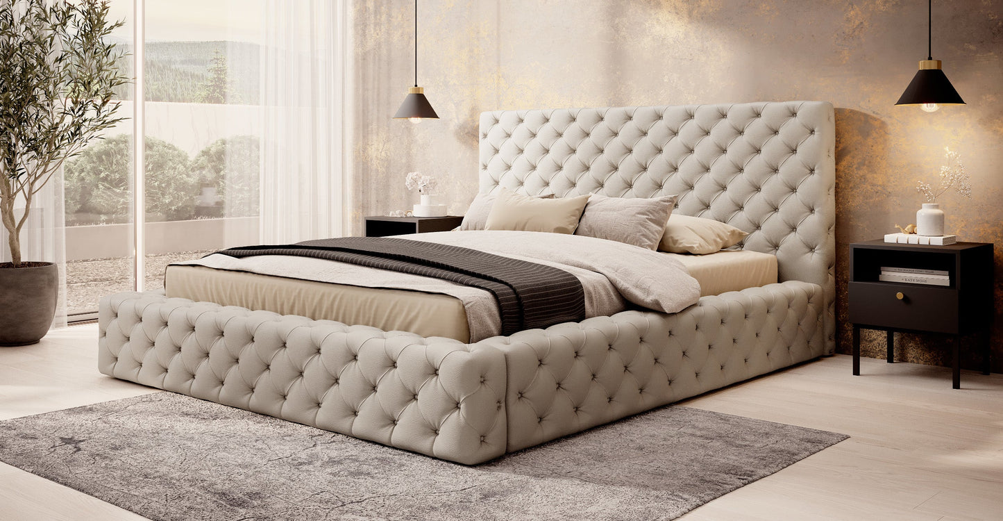 Łóżko Princce 160x200 Softis 33 beżowy w eleganckiej sypialni z jasną pościelą i złotymi dodatkami.