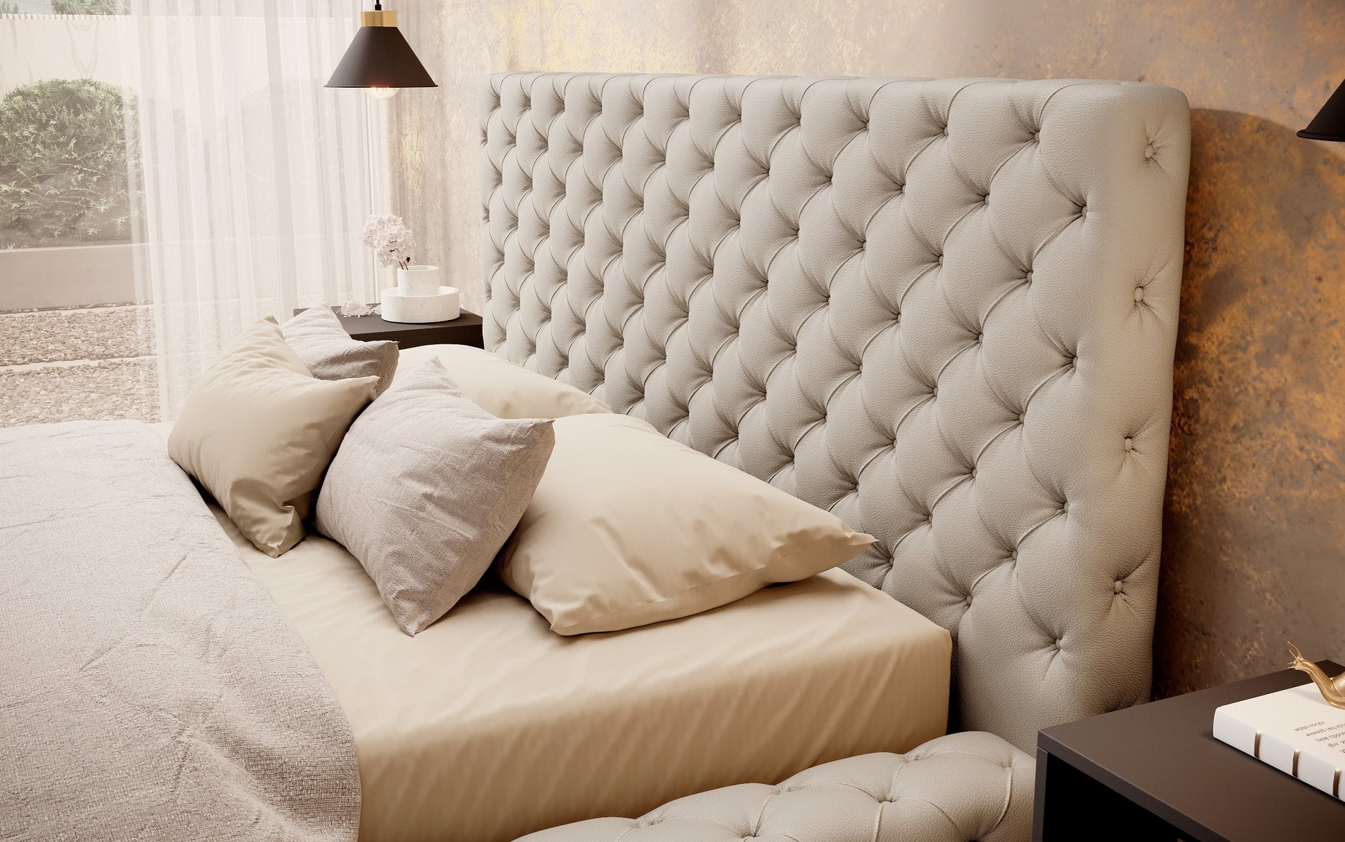 Łóżko Princce 160x200 Softis 33 beżowy z wysokim, tapicerowanym zagłówkiem i kremową pościelą.
