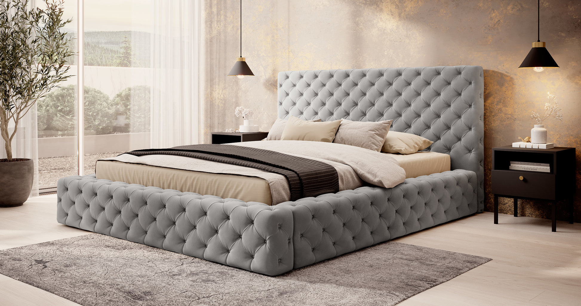 Łóżko Princce 140x200 Sola 04 jasnoszary w eleganckiej sypialni z beżową pościelą i złotymi dodatkami.