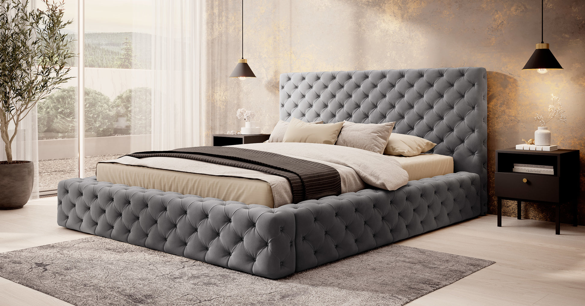 Łóżko Princce 140x200 Sola 06 szary w eleganckiej sypialni z jasną pościelą i złotymi dodatkami.