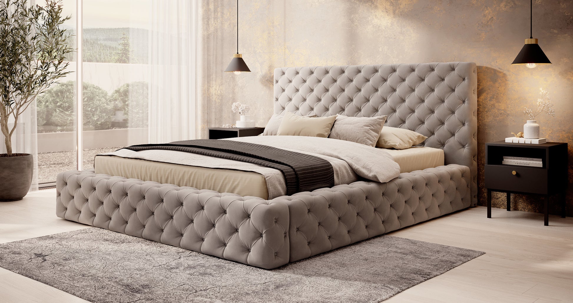 Łóżko Princce 140x200 Sola 18 beżowy w eleganckiej sypialni z jasną pościelą i złotymi dodatkami.