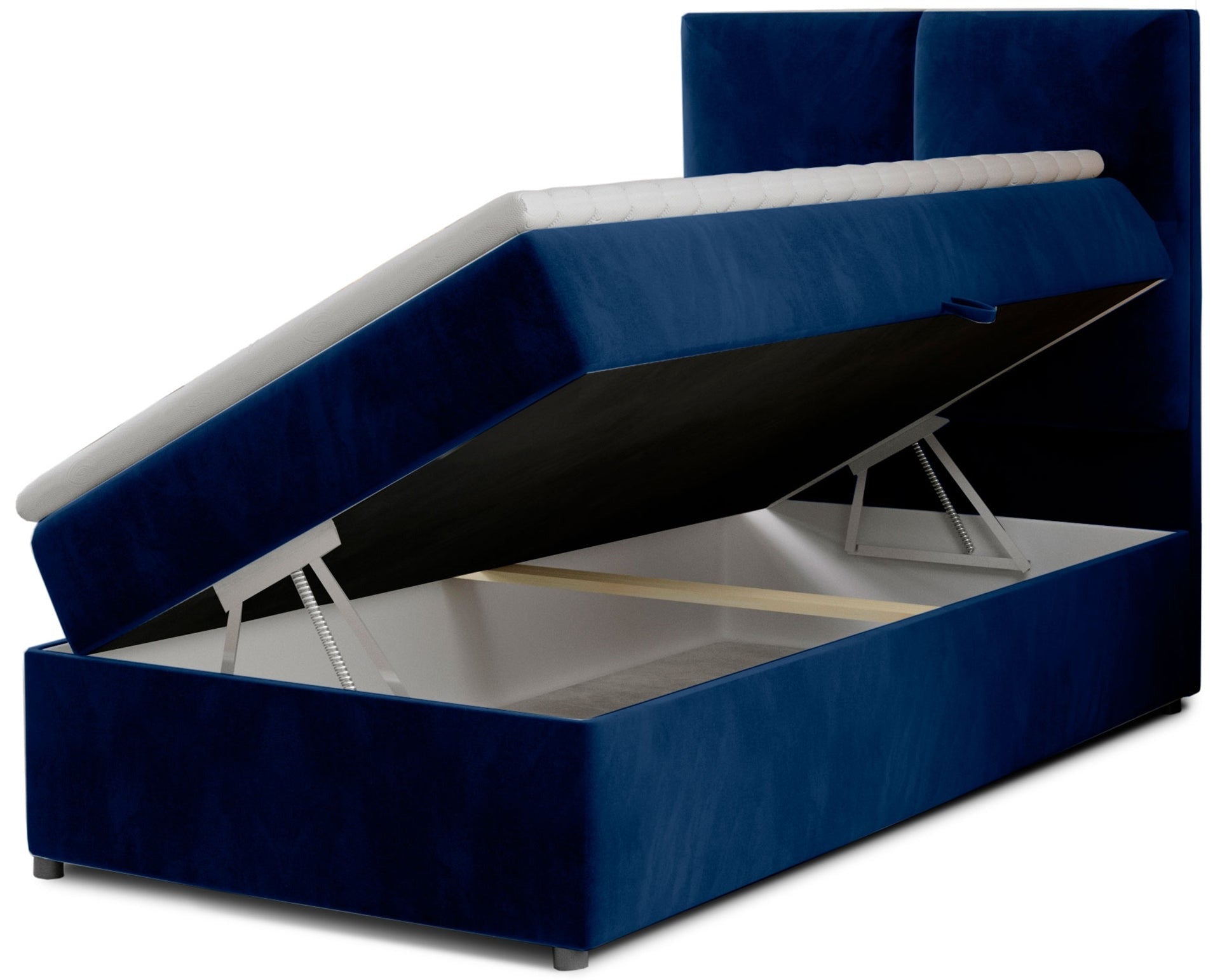 Łóżko Rivia w kolorze Kronos 09 granatowy o wymiarach 90x200 cm z podniesionym stelażem i otwartym pojemnikiem na pościel.