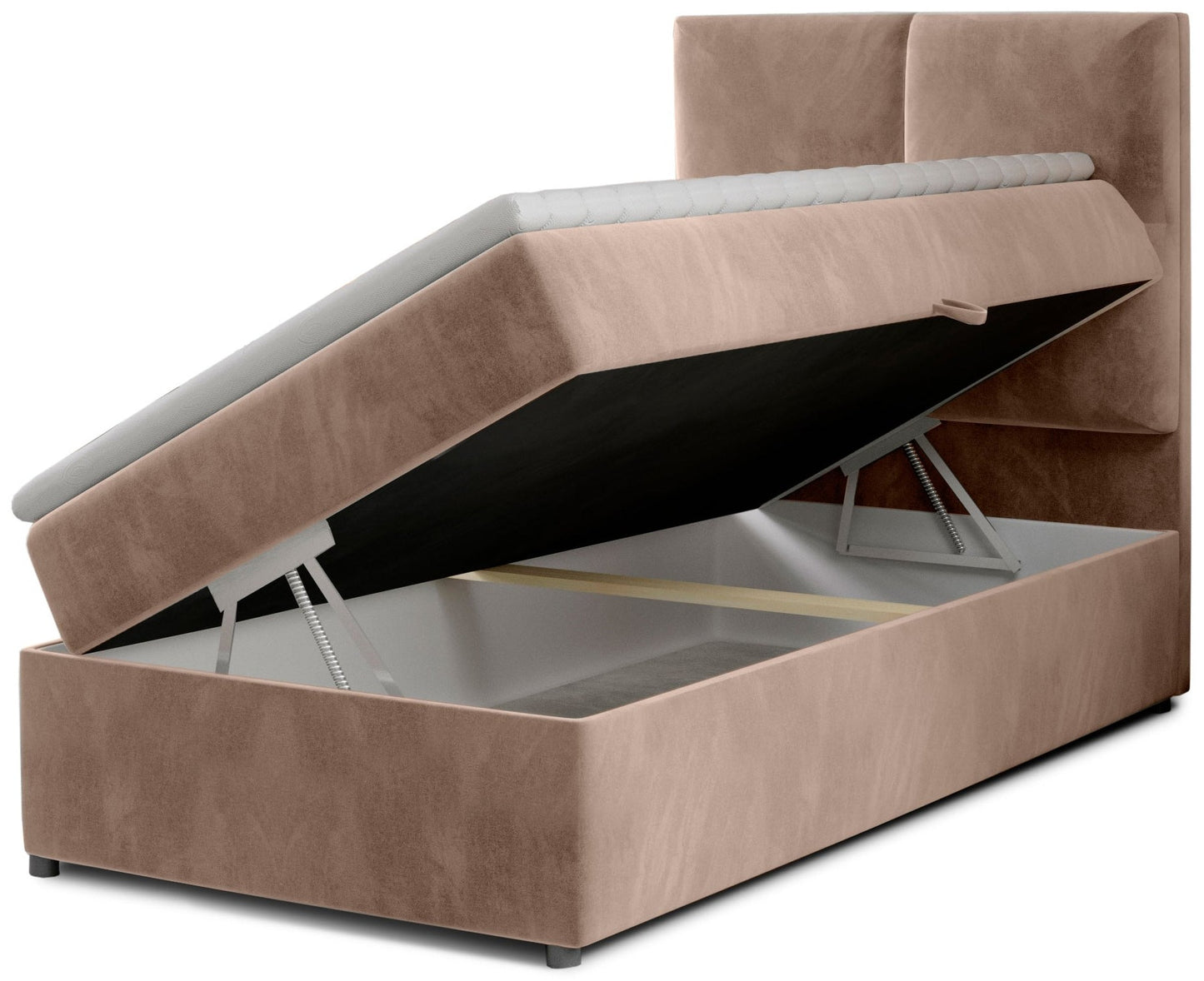Łóżko Rivia w kolorze Monolith 09 jasnobrązowy o wymiarach 90x200 cm z podniesionym stelażem i otwartym pojemnikiem na pościel.