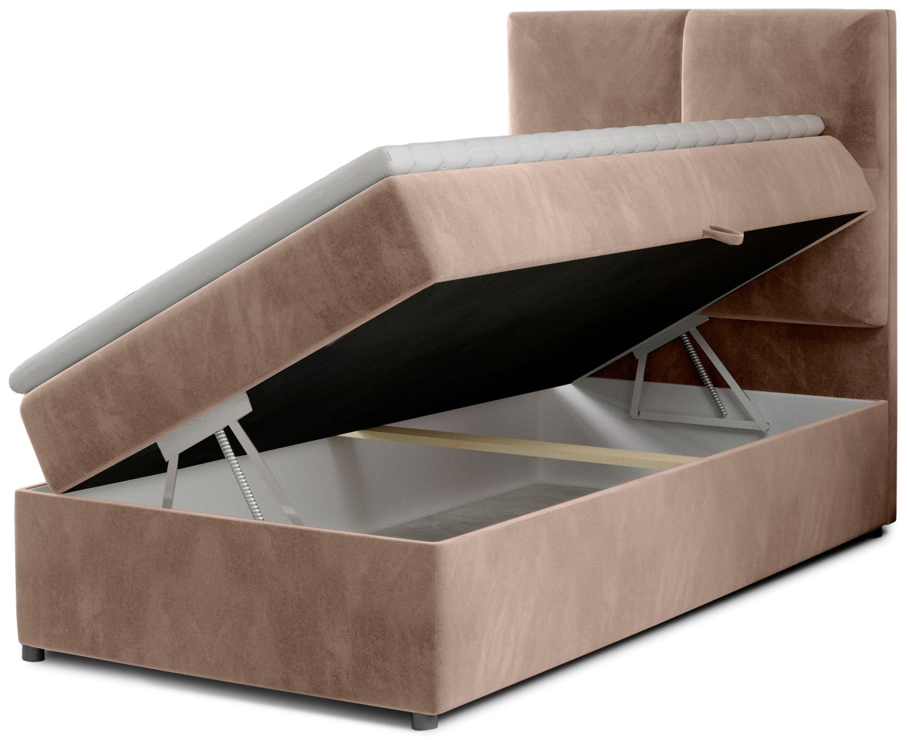 Łóżko Rivia w kolorze Monolith 09 jasnobrązowy o wymiarach 90x200 cm z podniesionym stelażem i otwartym pojemnikiem na pościel.