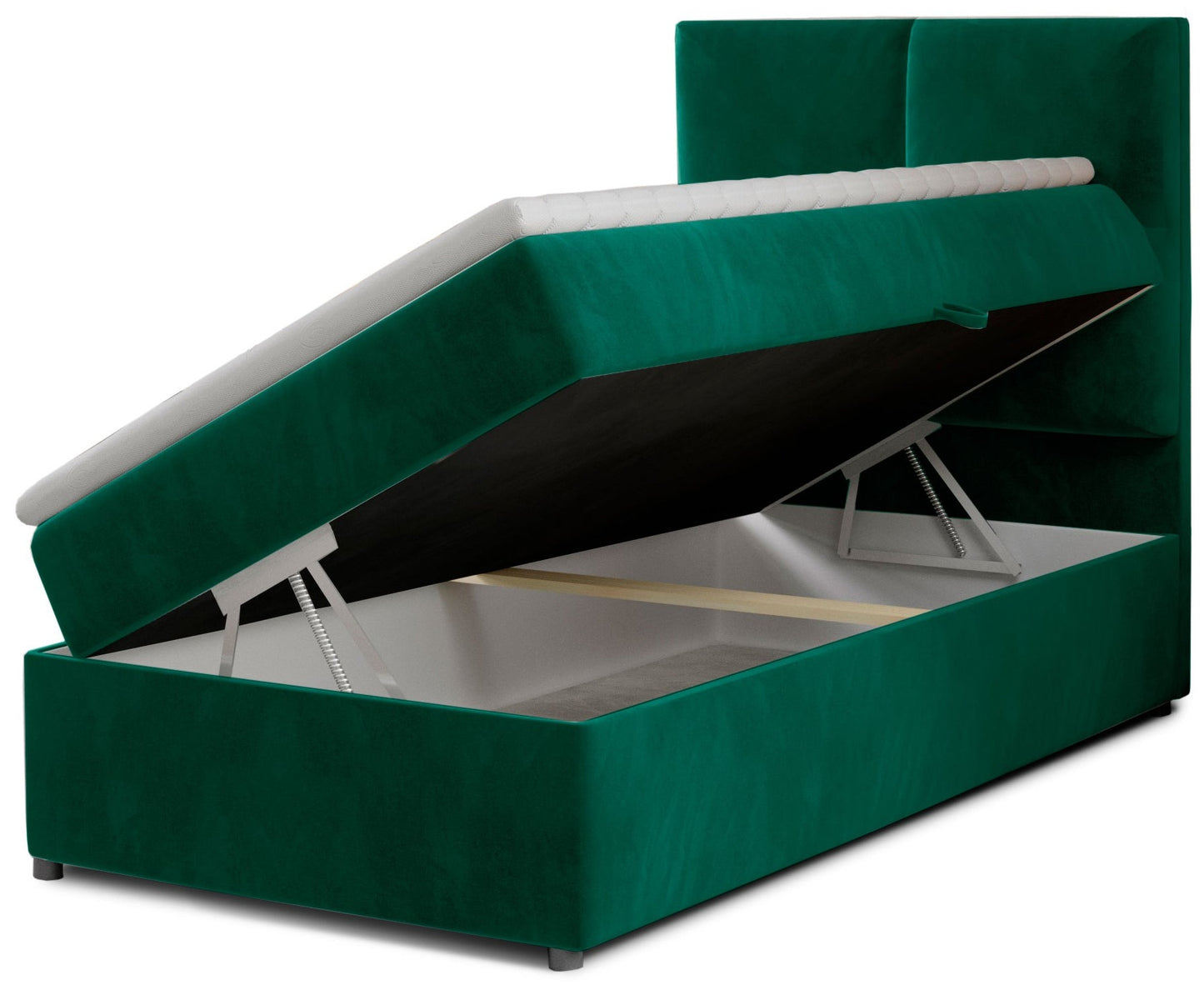 Łóżko Rivia w kolorze Monolith 37 butelkowa zieleń o wymiarach 90x200 cm z podniesionym stelażem i otwartym pojemnikiem na pościel.