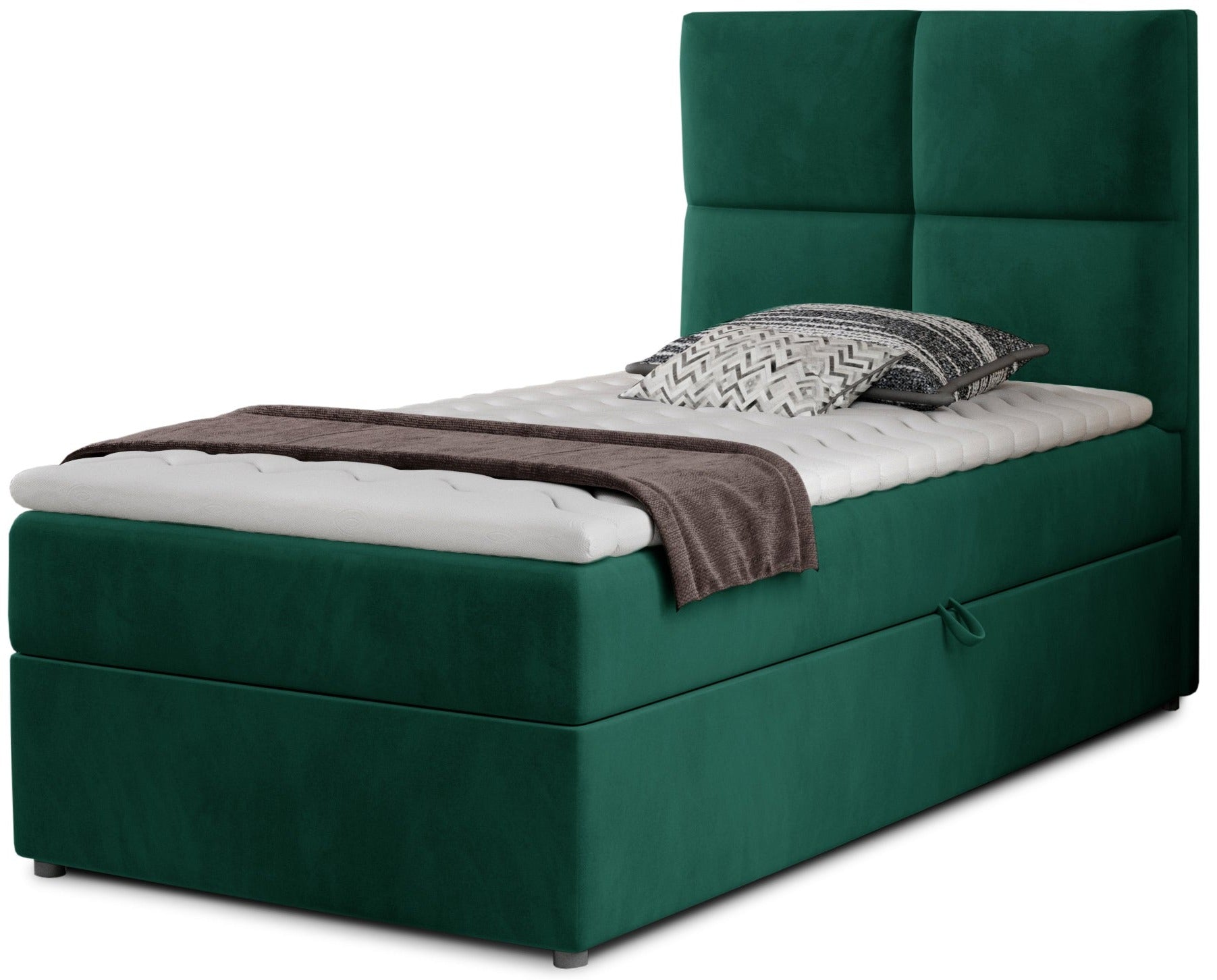 Łóżko Rivia w kolorze Monolith 37 butelkowa zieleń o wymiarach 90x200 cm, widok z przodu na białym tle.