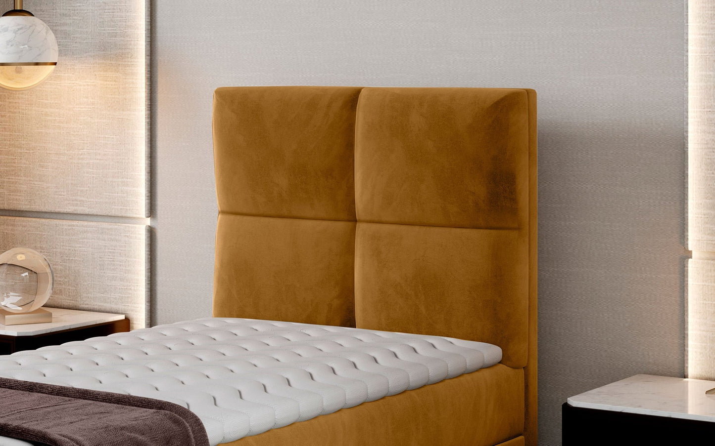 Zbliżenie na wezgłowie łóżka Rivia w kolorze Monolith 48 żółty o wymiarach 90x200 cm, w nowoczesnej sypialni.