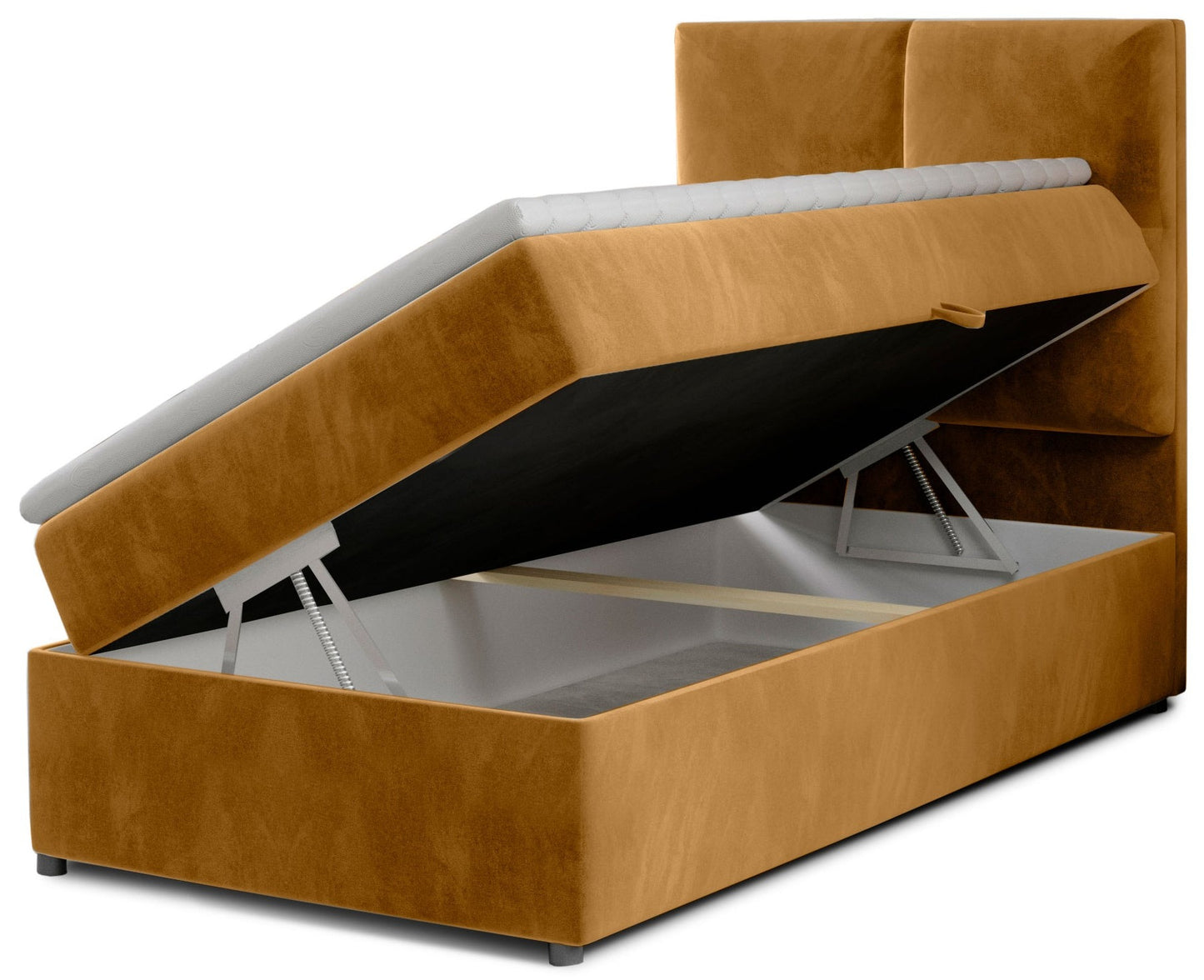 Łóżko Rivia w kolorze Monolith 48 żółty o wymiarach 90x200 cm z podniesionym stelażem i otwartym pojemnikiem na pościel.