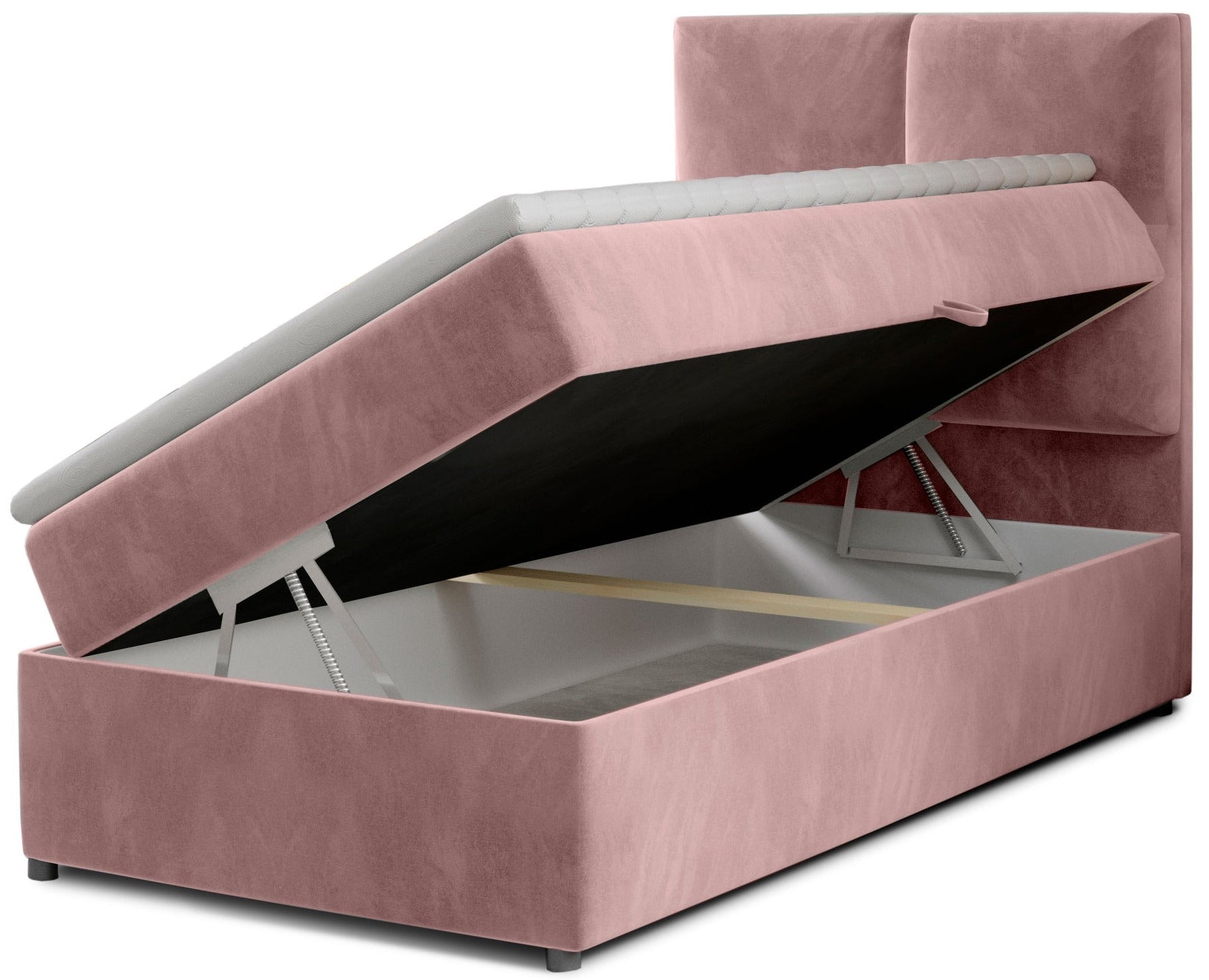 Łóżko Rivia w kolorze Monolith 63 różowy o wymiarach 90x200 cm z podniesionym stelażem i otwartym pojemnikiem na pościel.
