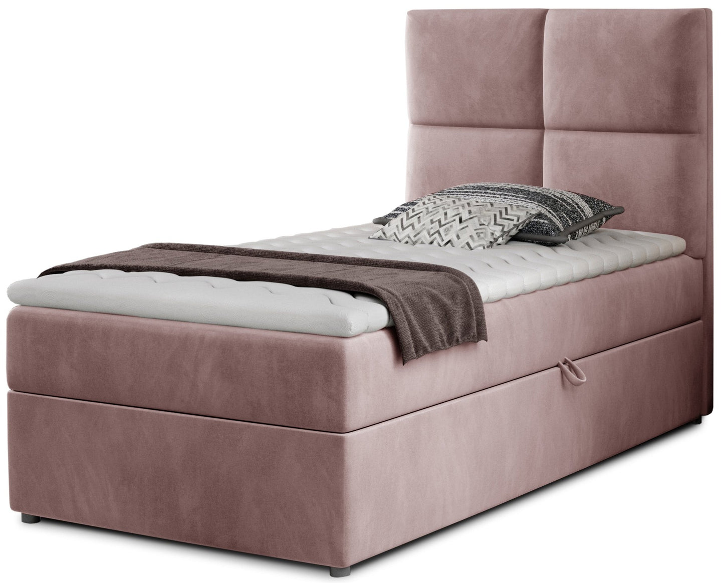 Łóżko Rivia w kolorze Monolith 63 różowy o wymiarach 90x200 cm, widok z przodu na białym tle.