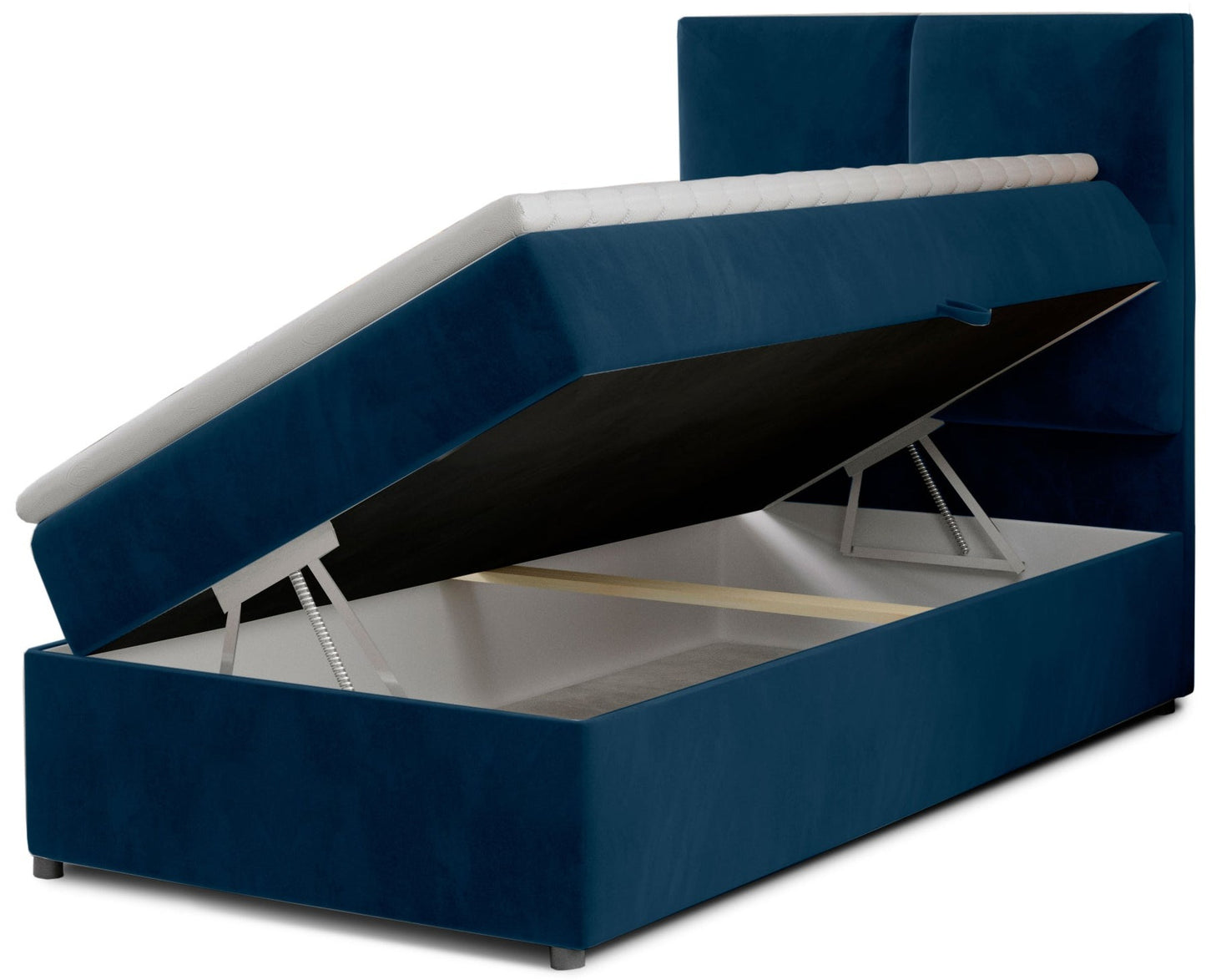 Łóżko Rivia w kolorze Monolith 77 granatowy o wymiarach 90x200 cm z podniesionym stelażem i otwartym pojemnikiem na pościel.