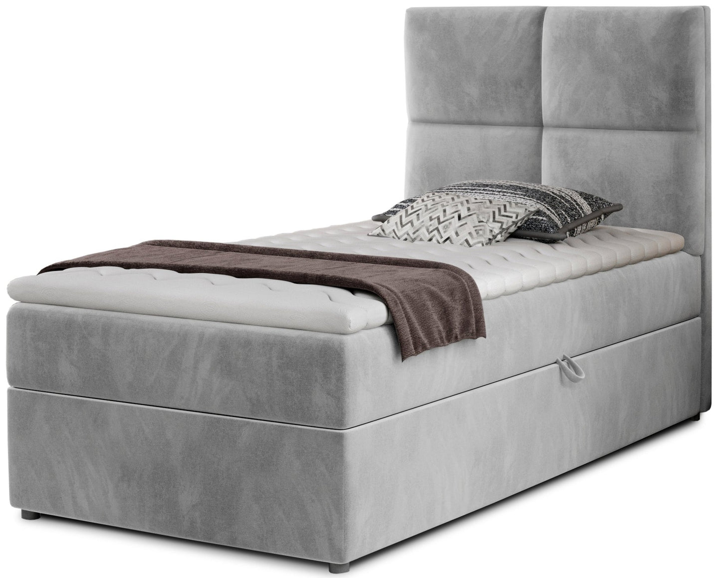 Łóżko Rivia w kolorze Paros 05 jasnoszary o wymiarach 90x200 cm, widok z przodu na białym tle.