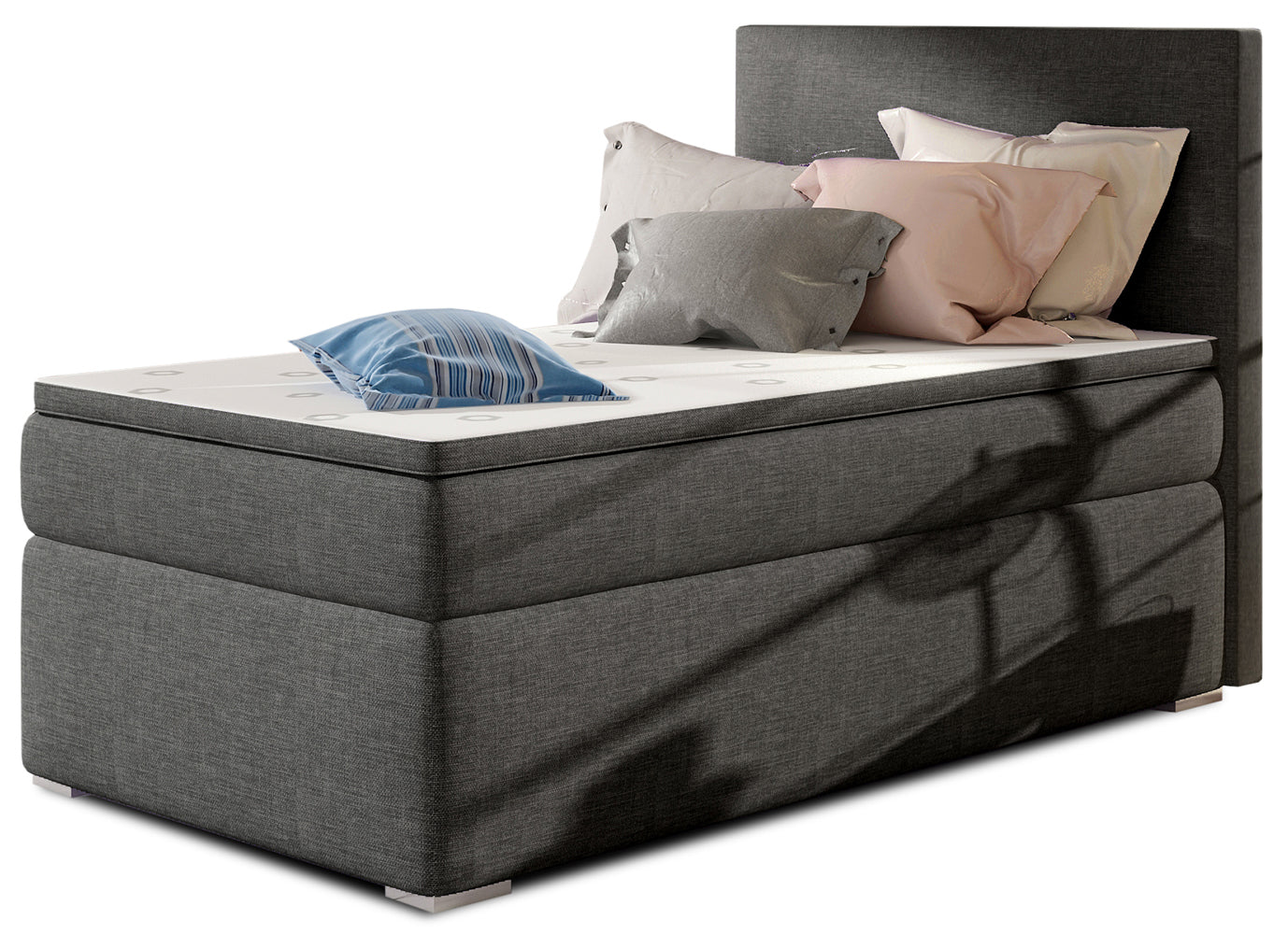 Łóżko kontynentalne Rocco w kolorze Sawana 05 ciemnoszary, układ lewy – widok studyjny z przodu, prezentujące eleganckie tapicerowanie w odcieniu ciemnej szarości oraz prosty, nowoczesny zagłówek.