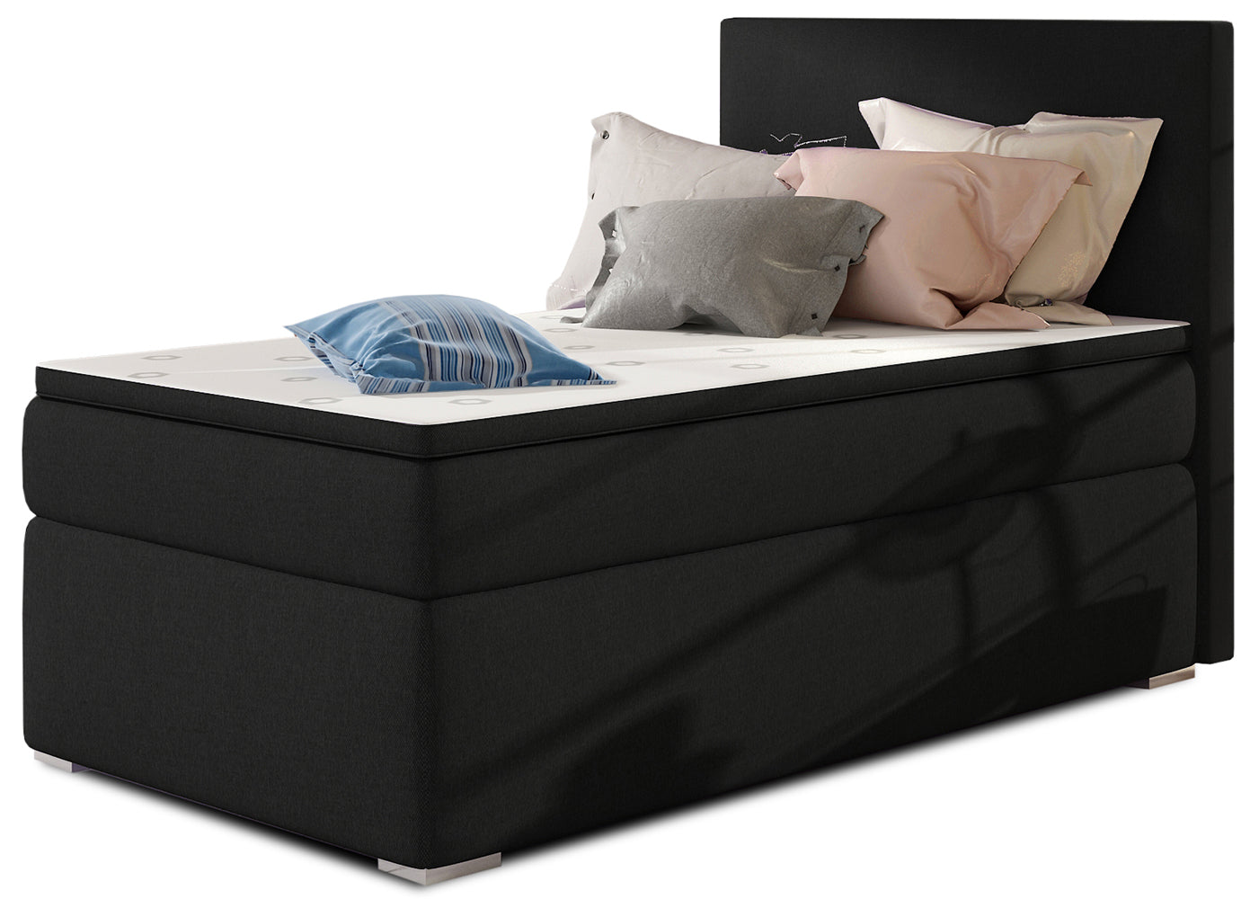 Łóżko kontynentalne Rocco w kolorze Sawana 14 czarny, układ lewy – widok studyjny z przodu, prezentujące eleganckie, tapicerowane wykończenie w głębokiej czerni oraz prosty, nowoczesny zagłówek.