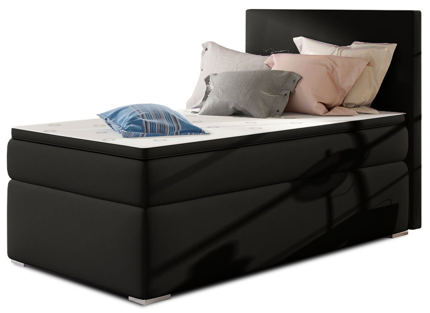 Łóżko kontynentalne Rocco w kolorze Soft 11 czarny, układ lewy – widok studyjny z przodu, prezentujące eleganckie, pikowane wykończenie i miękkie zagłówki w nowoczesnym stylu.