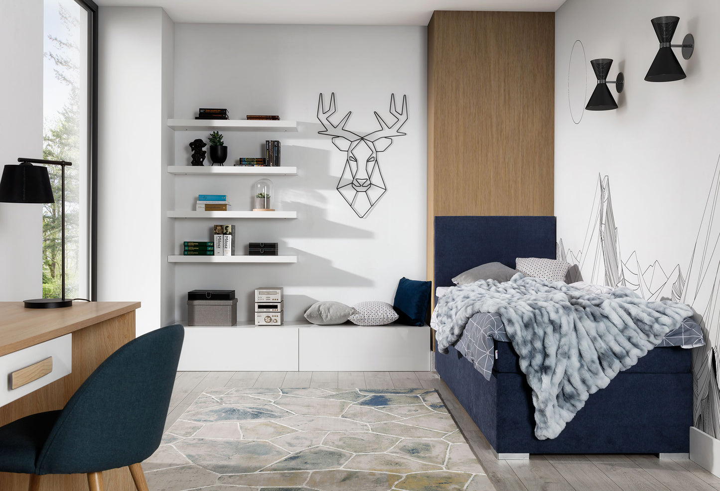 Łóżko kontynentalne Rocco w kolorze Soro 76 granatowy, układ lewy – aranżacja w stylowej, nowoczesnej sypialni z jasnym wystrojem, pokazująca kontrastowy mebel w eleganckim, ciemnoniebieskim tonie.