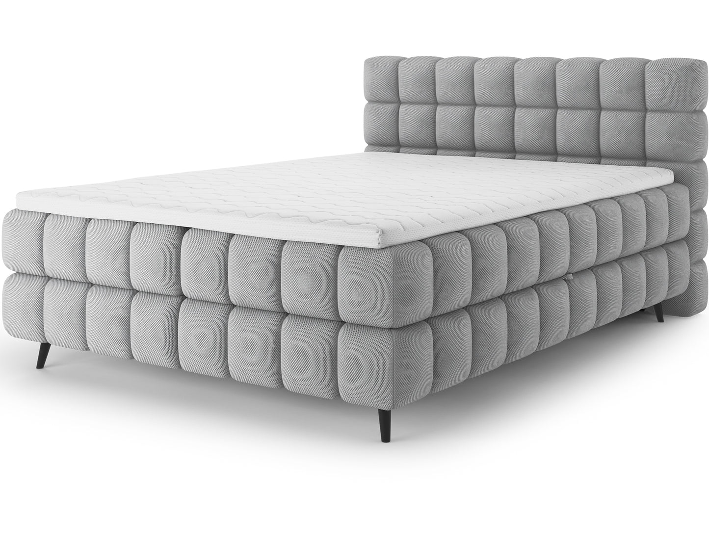 Łóżko kontynentalne Sabeno w tkaninie Calmora 04 szary, z eleganckim wezgłowiem i metalowymi nogami – styl, komfort i nowoczesny design.