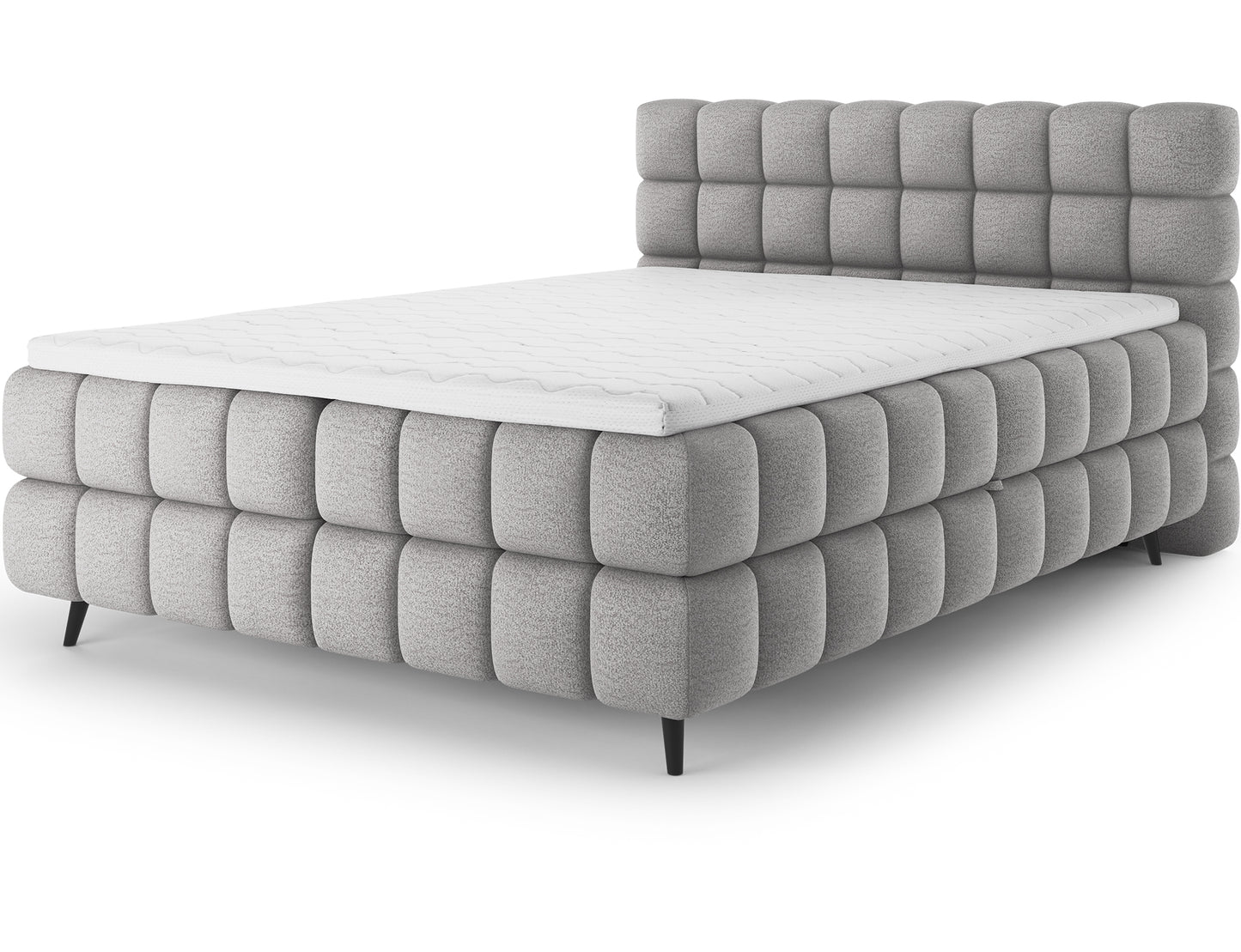 Łóżko kontynentalne Sabeno w tkaninie Royal 04 jasny stalowy z pikowanym zagłówkiem i drewnianymi nogami – elegancki design i komfort snu.