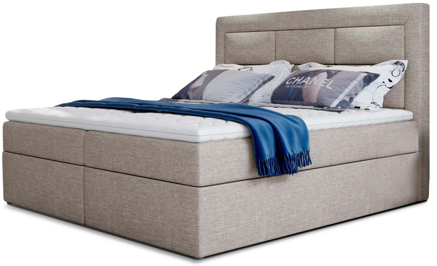 Łóżko kontynentalne Vivre w tkaninie Cover 02 jasnoszary, rozmiar 180x200 cm, z wysokim tapicerowanym zagłówkiem i eleganckim wykończeniem.