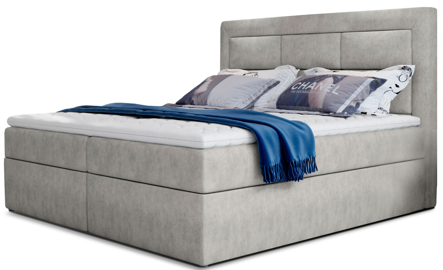 Łóżko kontynentalne Vivre w tkaninie Dora 21 beżowy, rozmiar 180x200 cm, z wysokim tapicerowanym zagłówkiem i eleganckim wykończeniem.